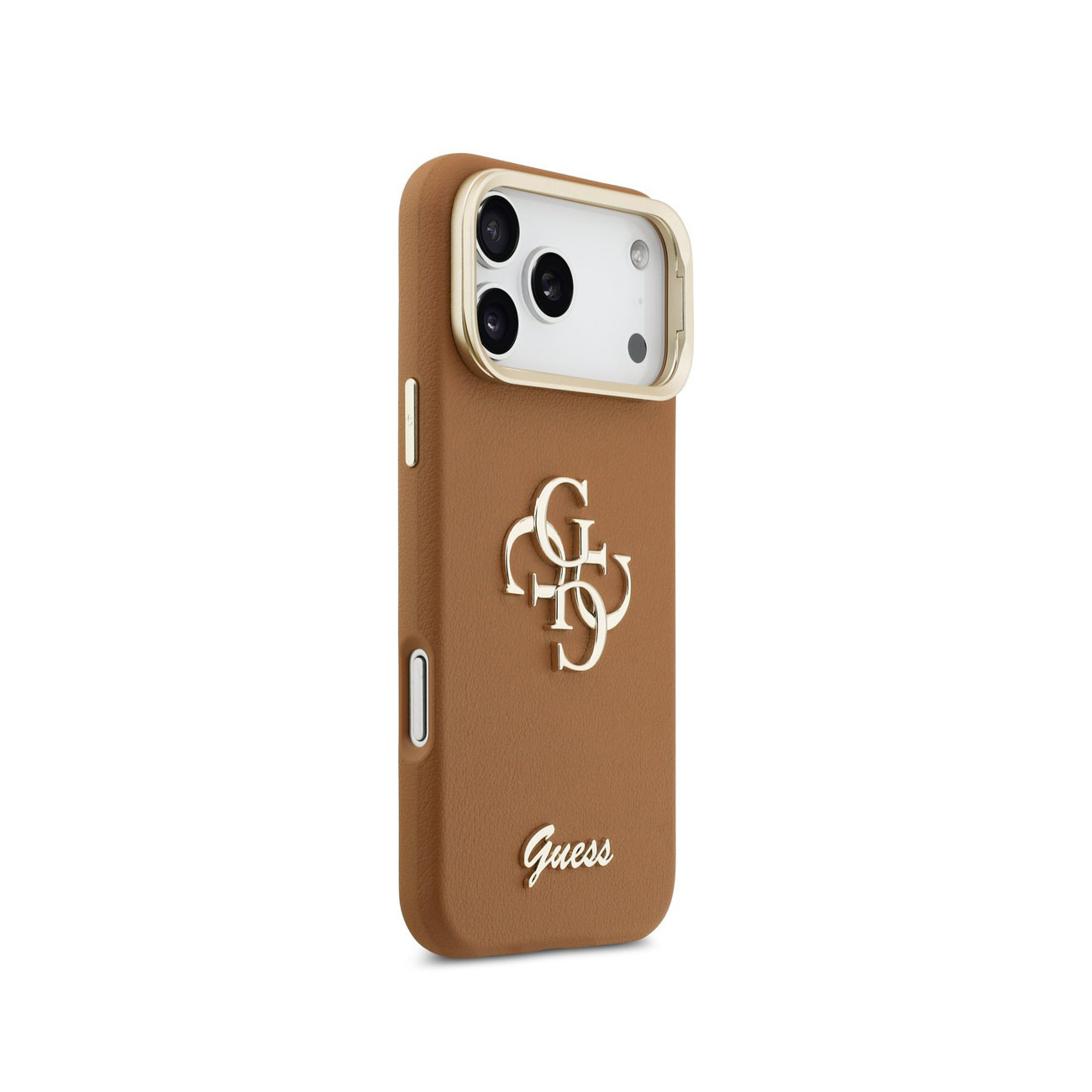 Custodia marrone per telefono con logo Guess e ritaglio fotocamera.
