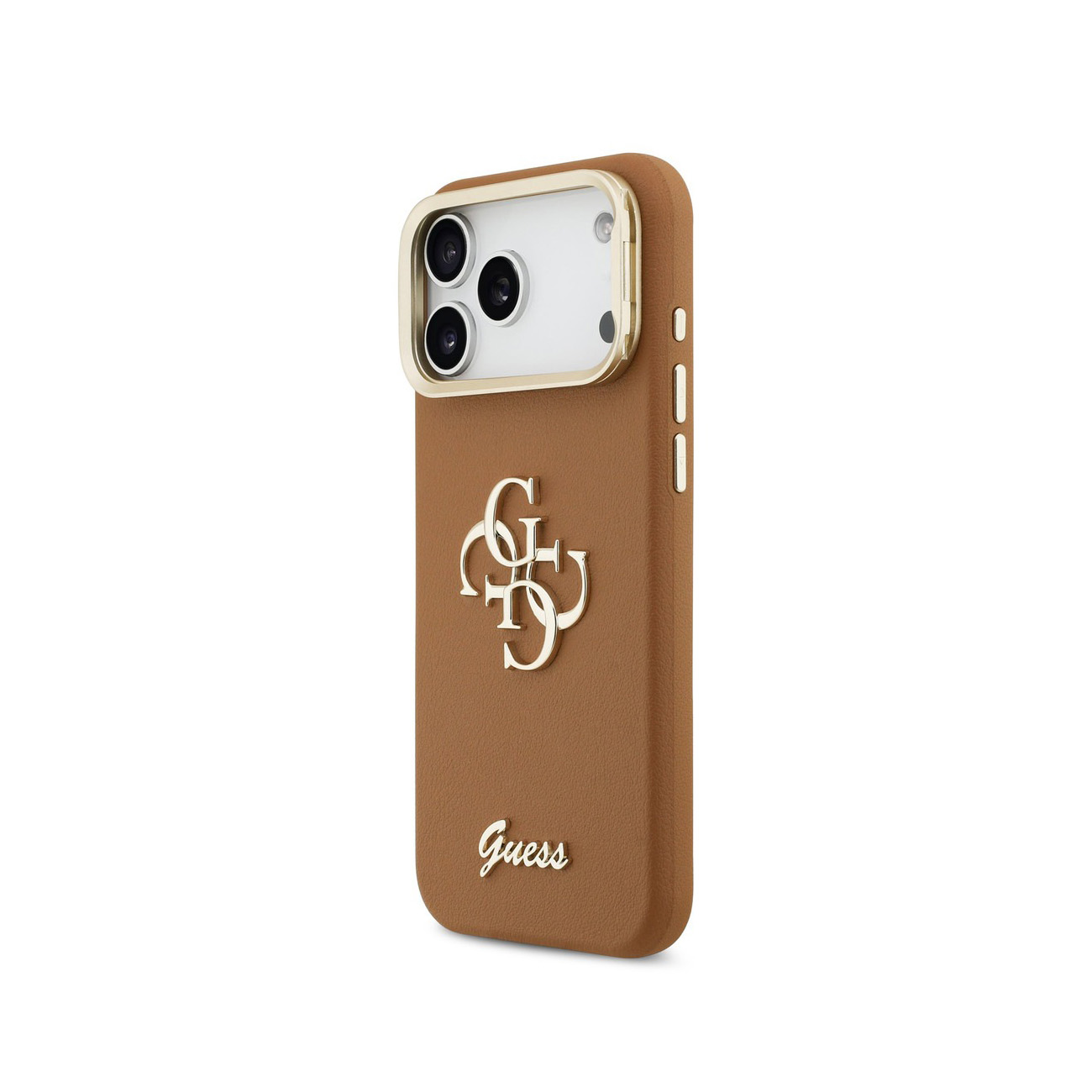 Custodia marrone per telefono con logo Guess e ritaglio fotocamera.