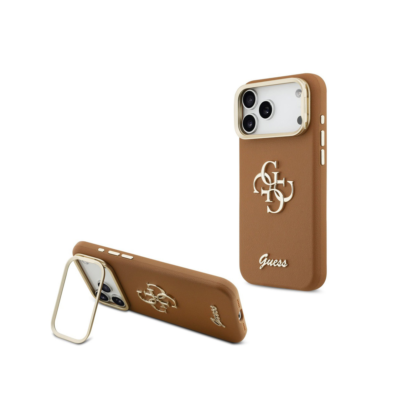 Custodia marrone per telefono con logo Guess e supporto