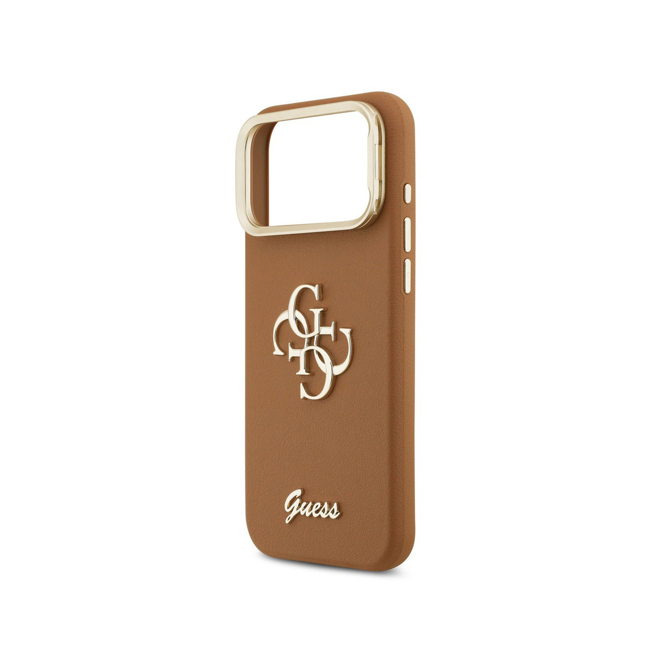 Custodia marrone per telefono con logo e cornice Guess dorati.