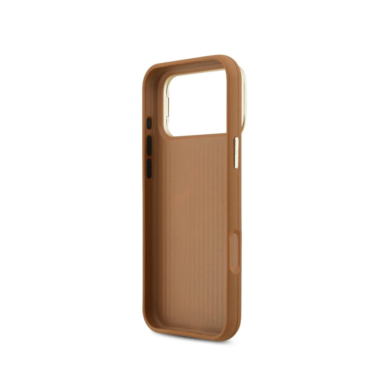 Una custodia per telefono marrone con scanalature e ritagli per pulsanti e fotocamera.