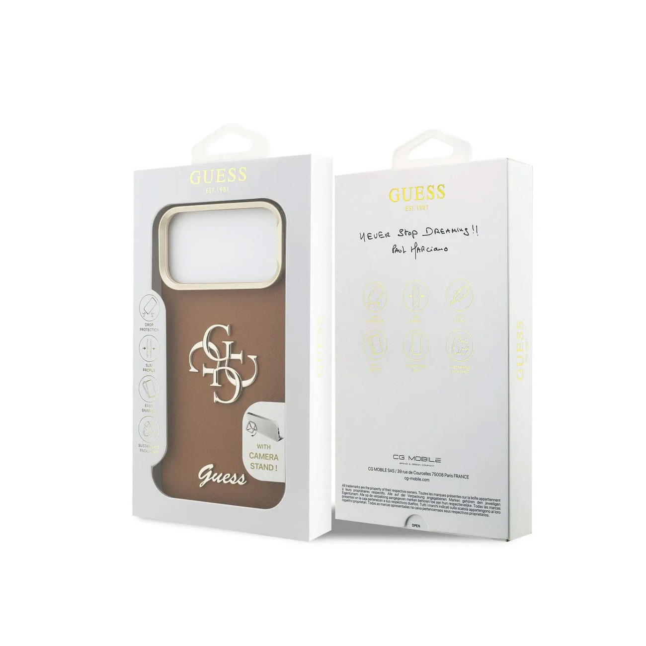 Custodia marrone Guess con logo G e supporto fotocamera su confezione.