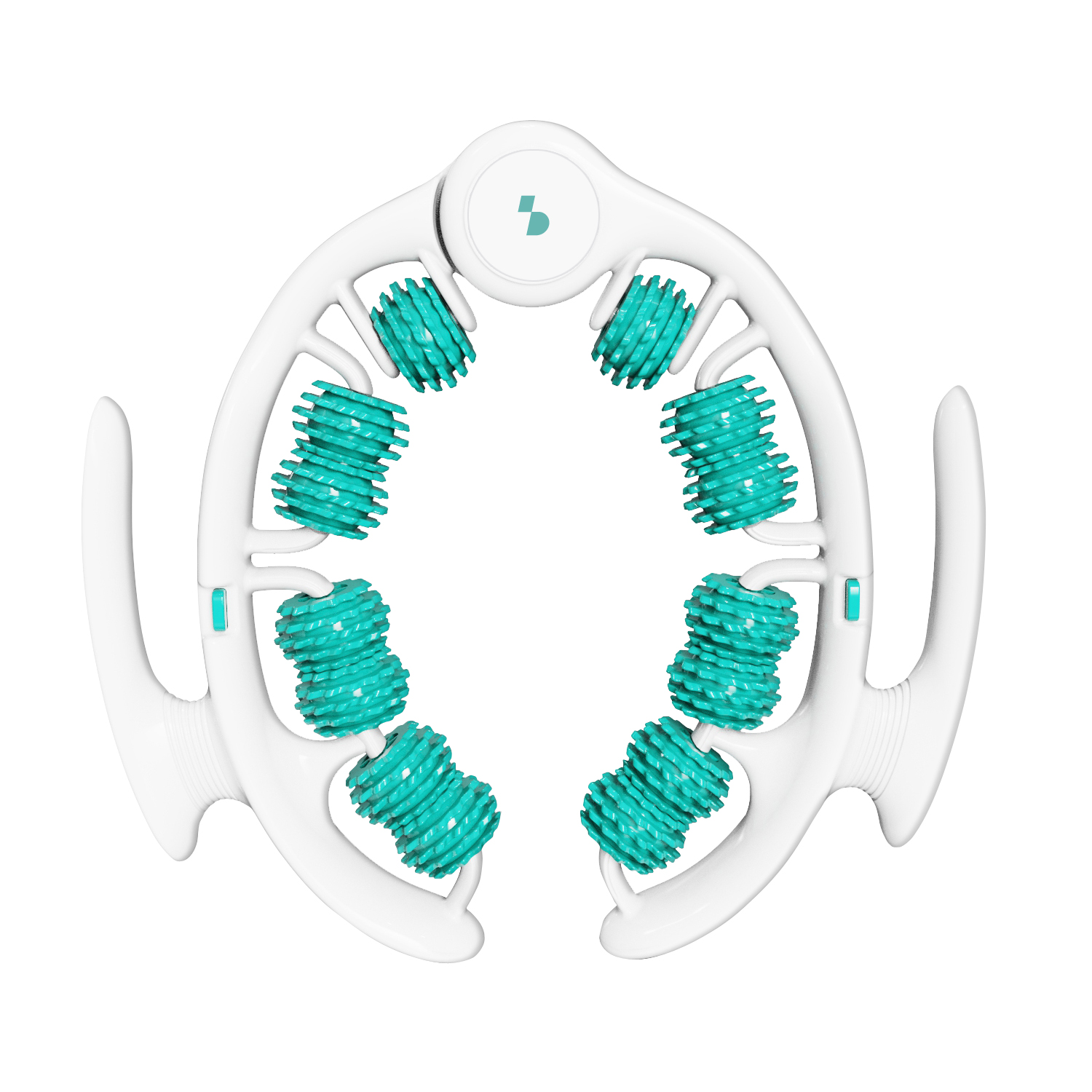 Dispositivo massaggiante bianco con rulli turchesi dal design circolare.