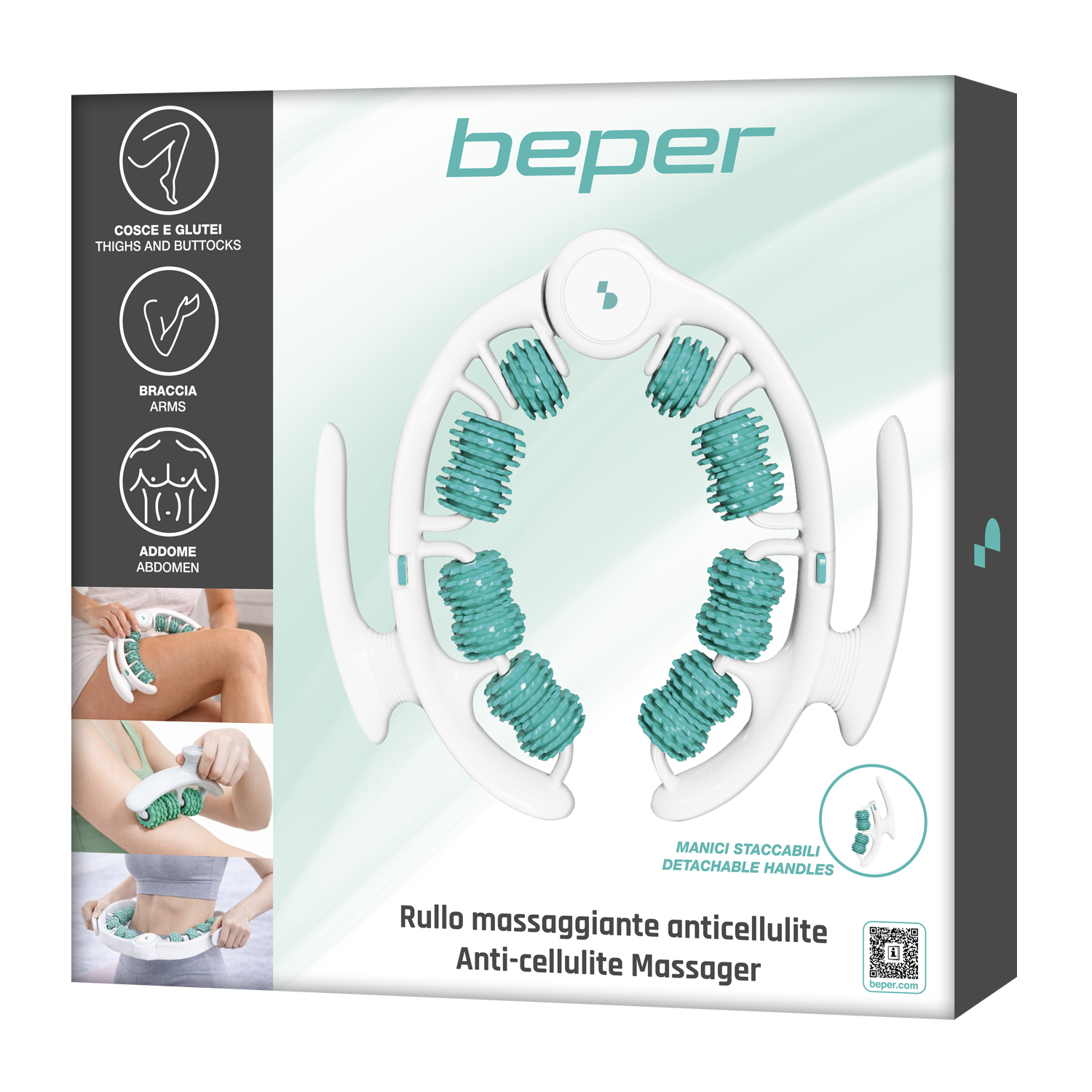 Confezione massaggiante anticellulite Beper con immagini aree di applicazione e dispositivo.