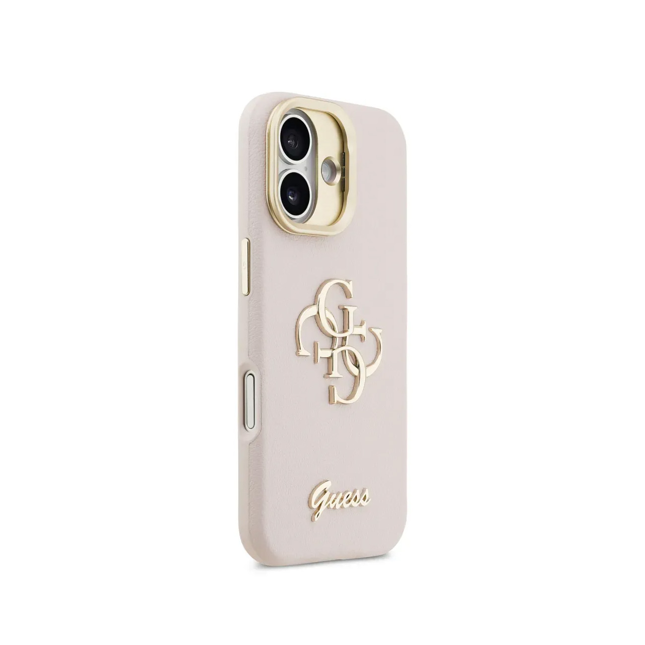 Una funda rosa claro para iPhone con logo dorado de Guess y borde.