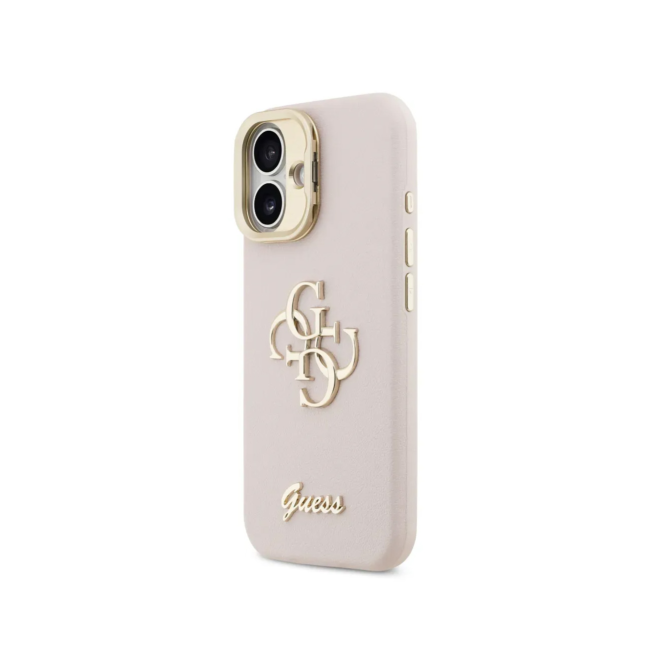 Una funda rosa claro para iPhone con logo dorado de Guess y borde.