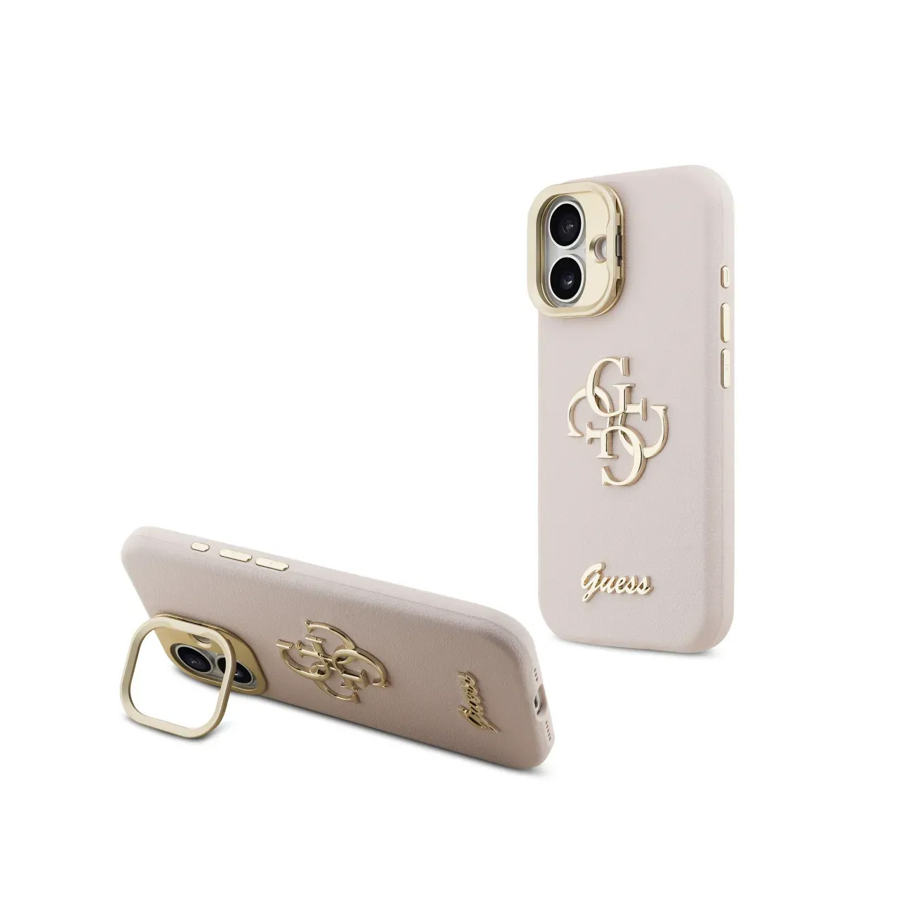 Dos fundas de teléfono Guess beige con logos dorados. Una muestra la cámara y la otra tiene un soporte.