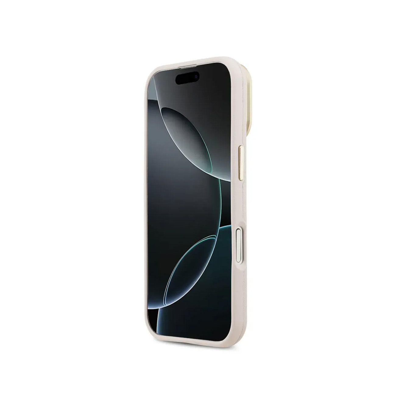 Un teléfono beige claro en una funda, visto de lado sobre fondo blanco.