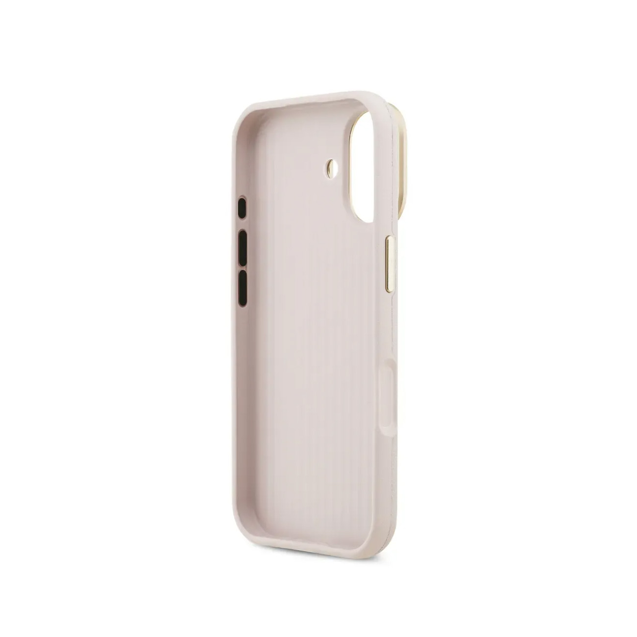 Una funda de teléfono rosa claro con textura acanalada y recortes para botones y cámara.