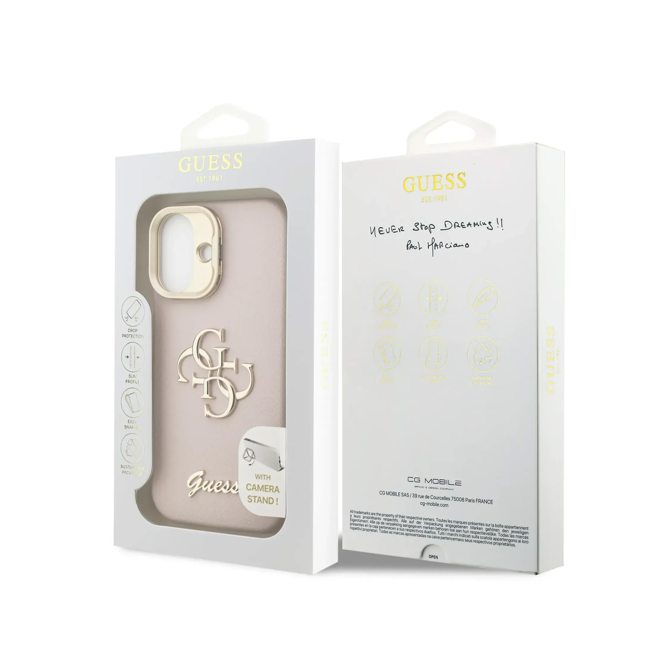 Funda Guess con logo GUESS, beige, mostrando características.