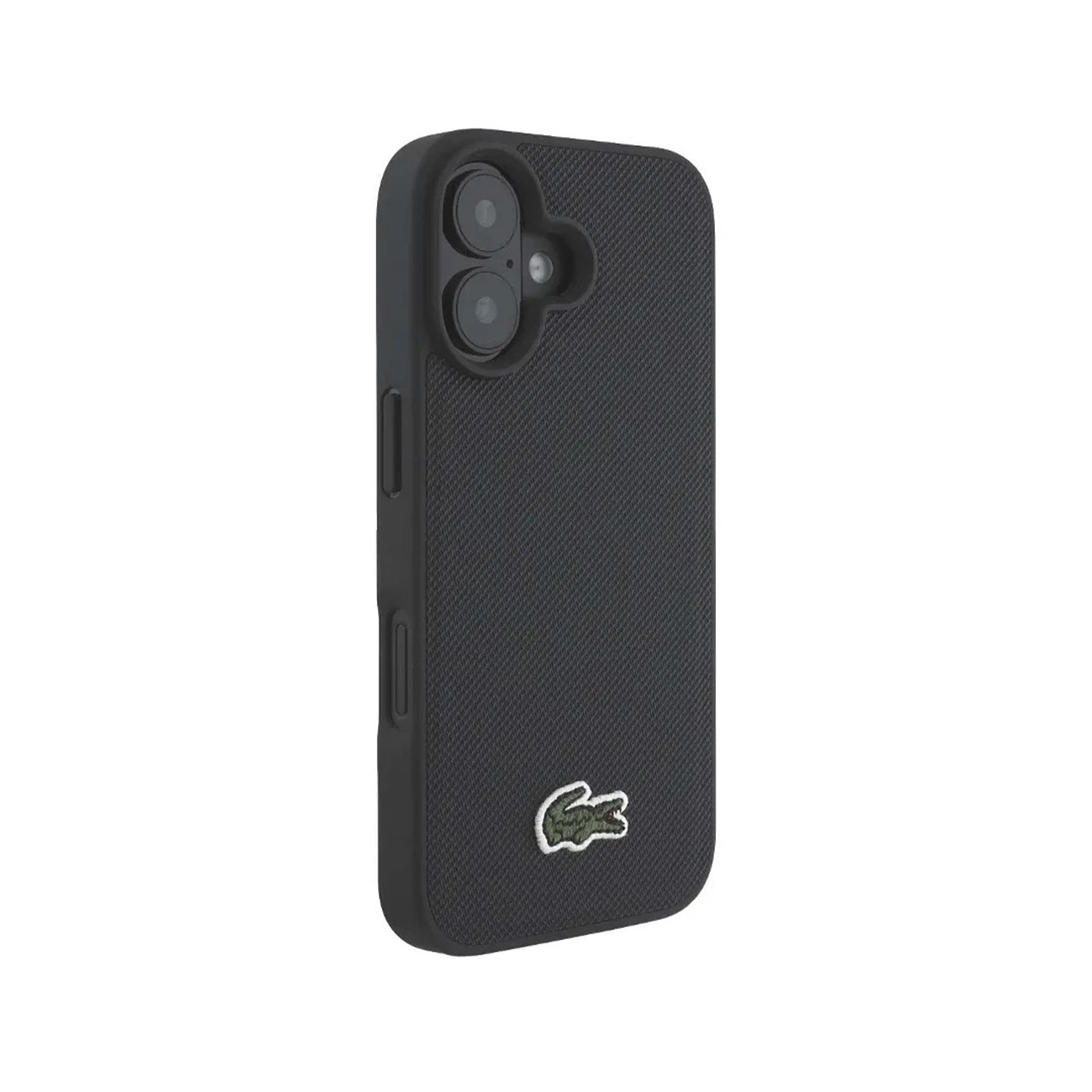 Funda de teléfono negra con logo de cocodrilo, sobre fondo blanco.