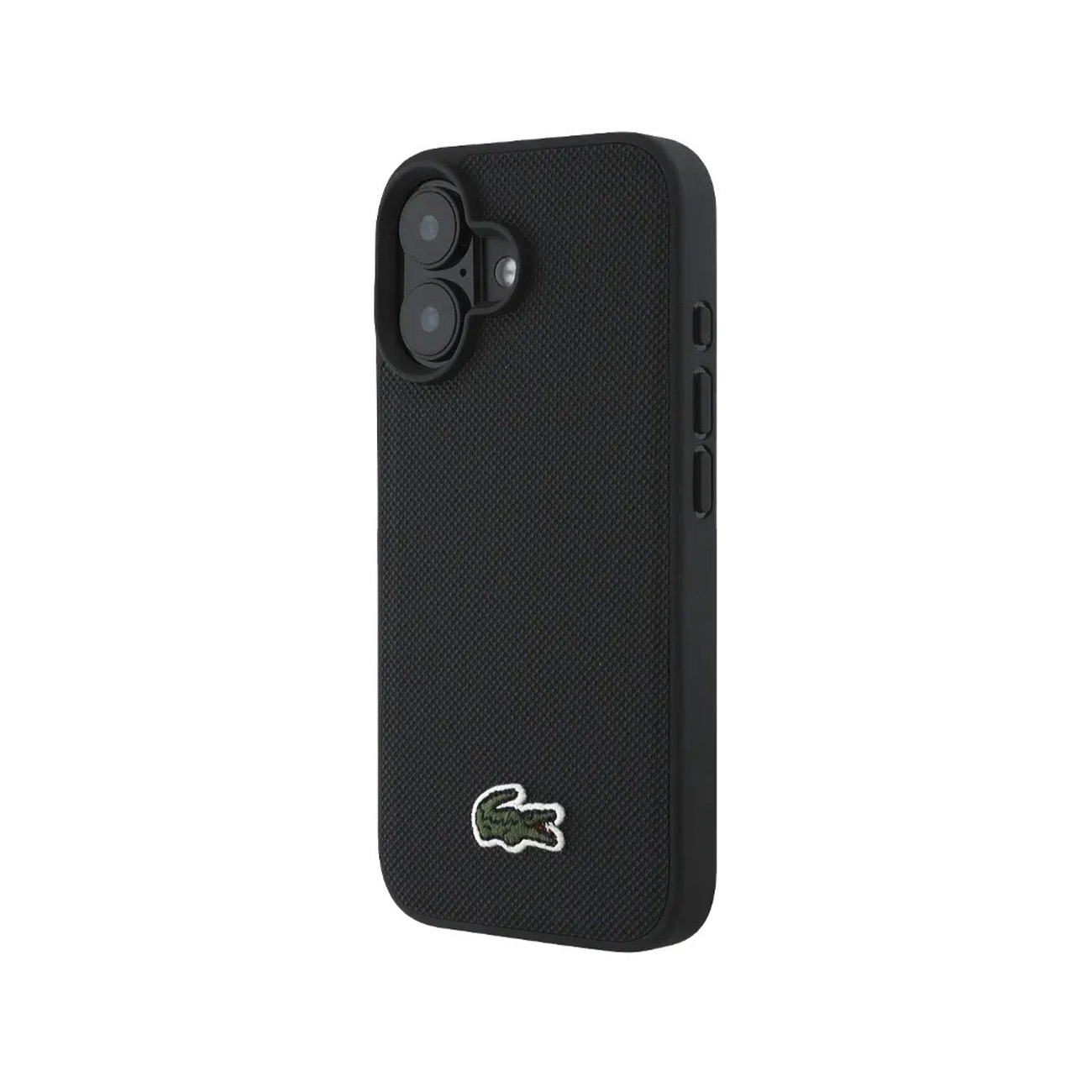 Funda negra para teléfono con logo de cocodrilo y módulo de cámara.