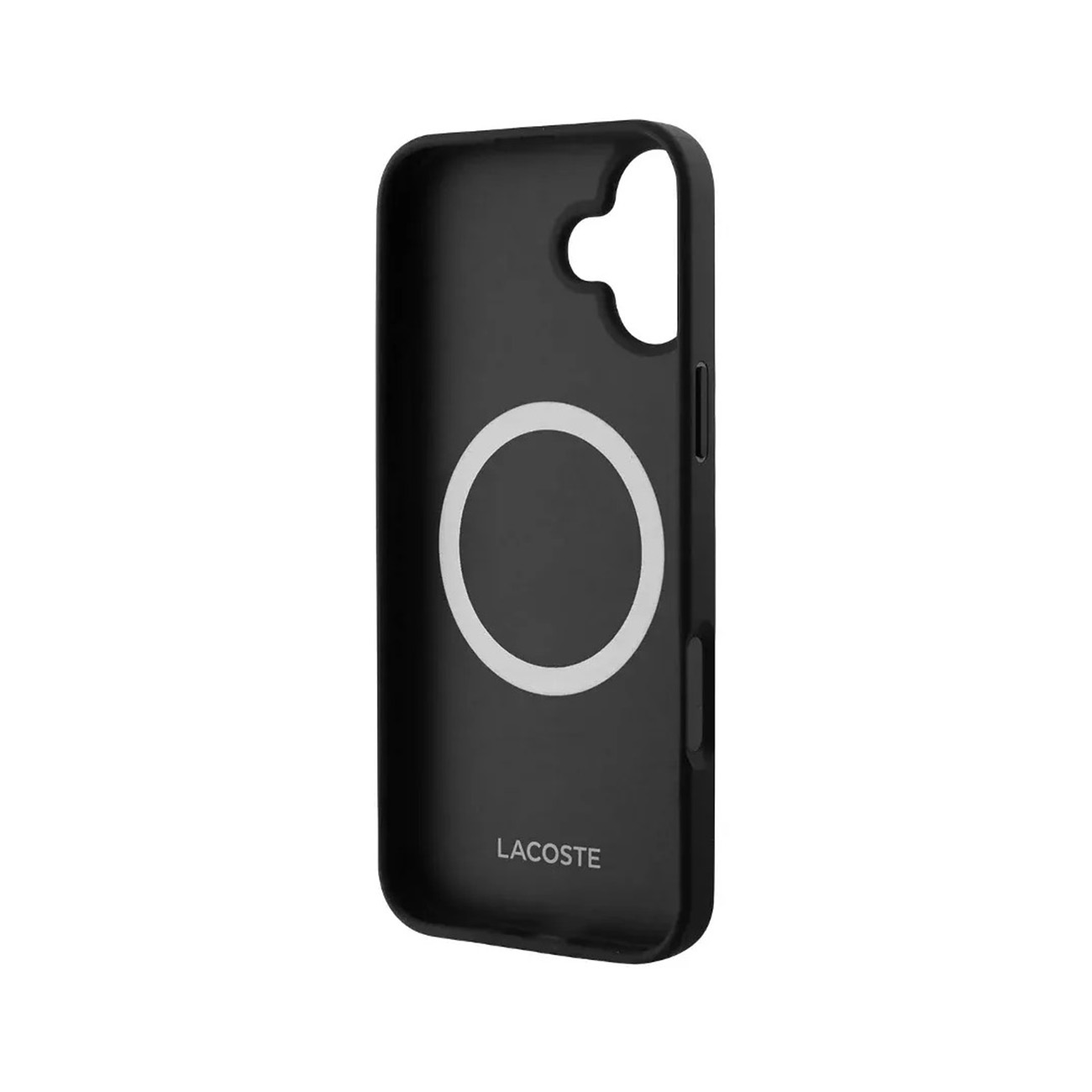 Funda de teléfono negra con círculo blanco y logo Lacoste.