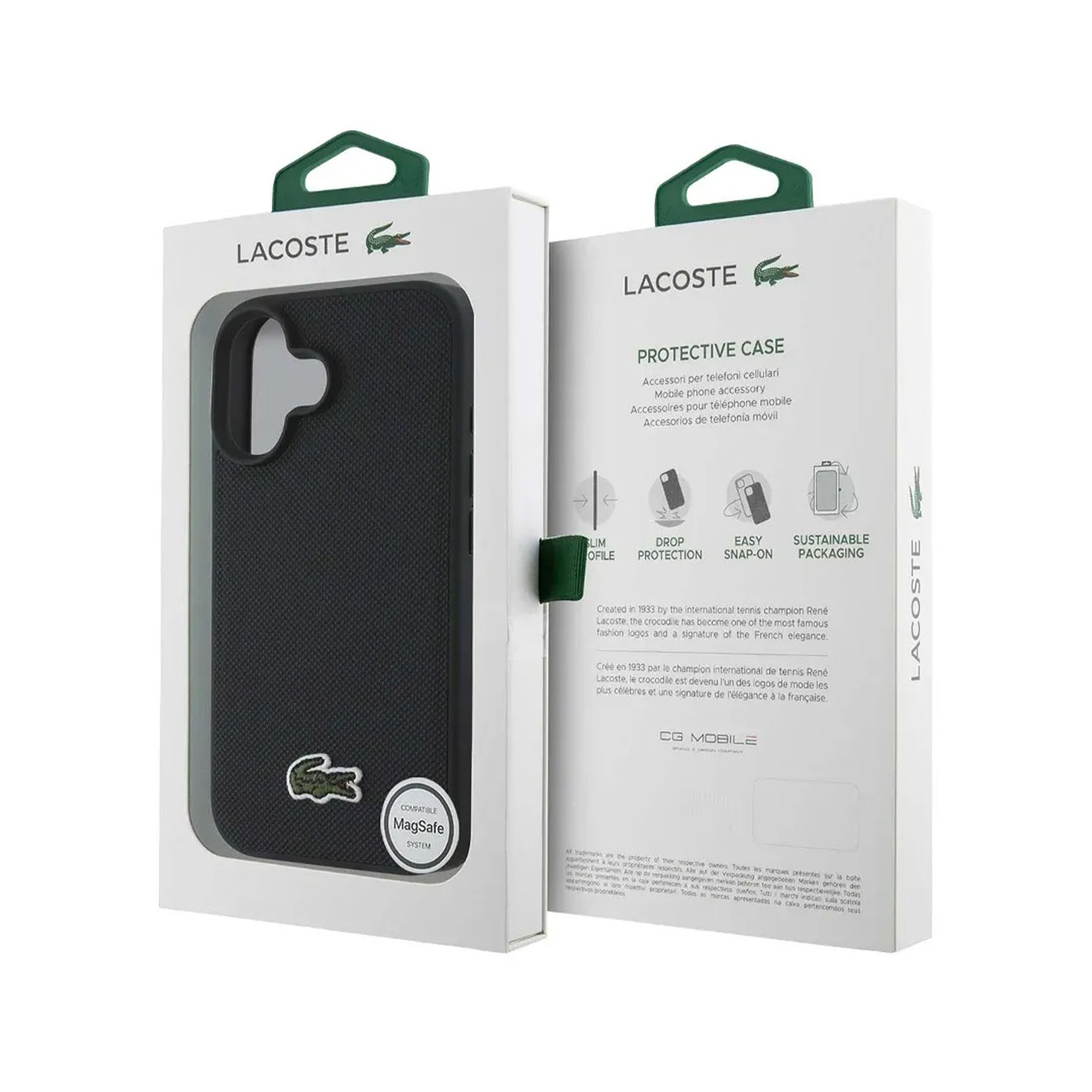 Funda negra Lacoste para teléfono con logo de cocodrilo y compatibilidad MagSafe en empaque.