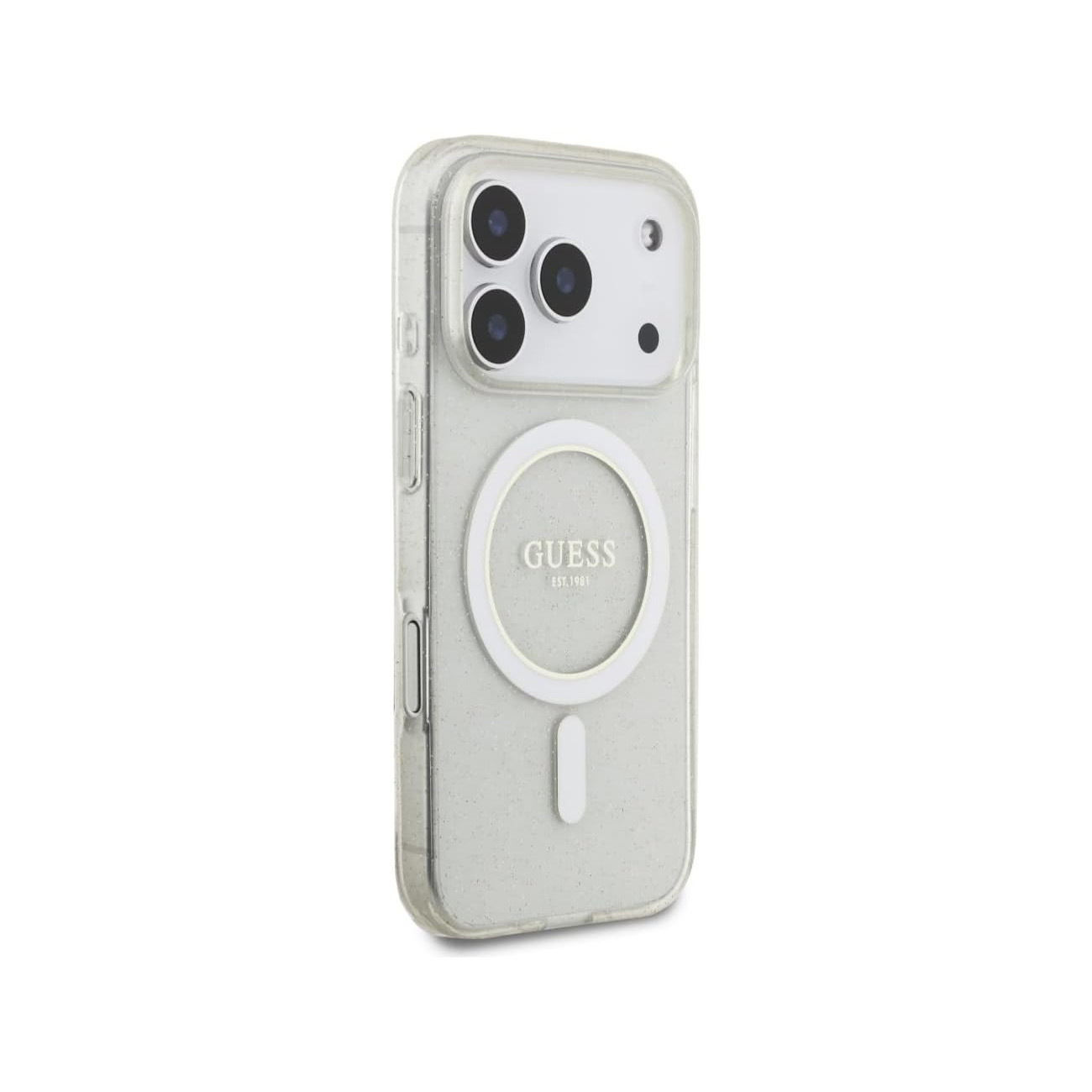 Custodia trasparente glitterata con logo GUESS, lenti fotocamera bianche.