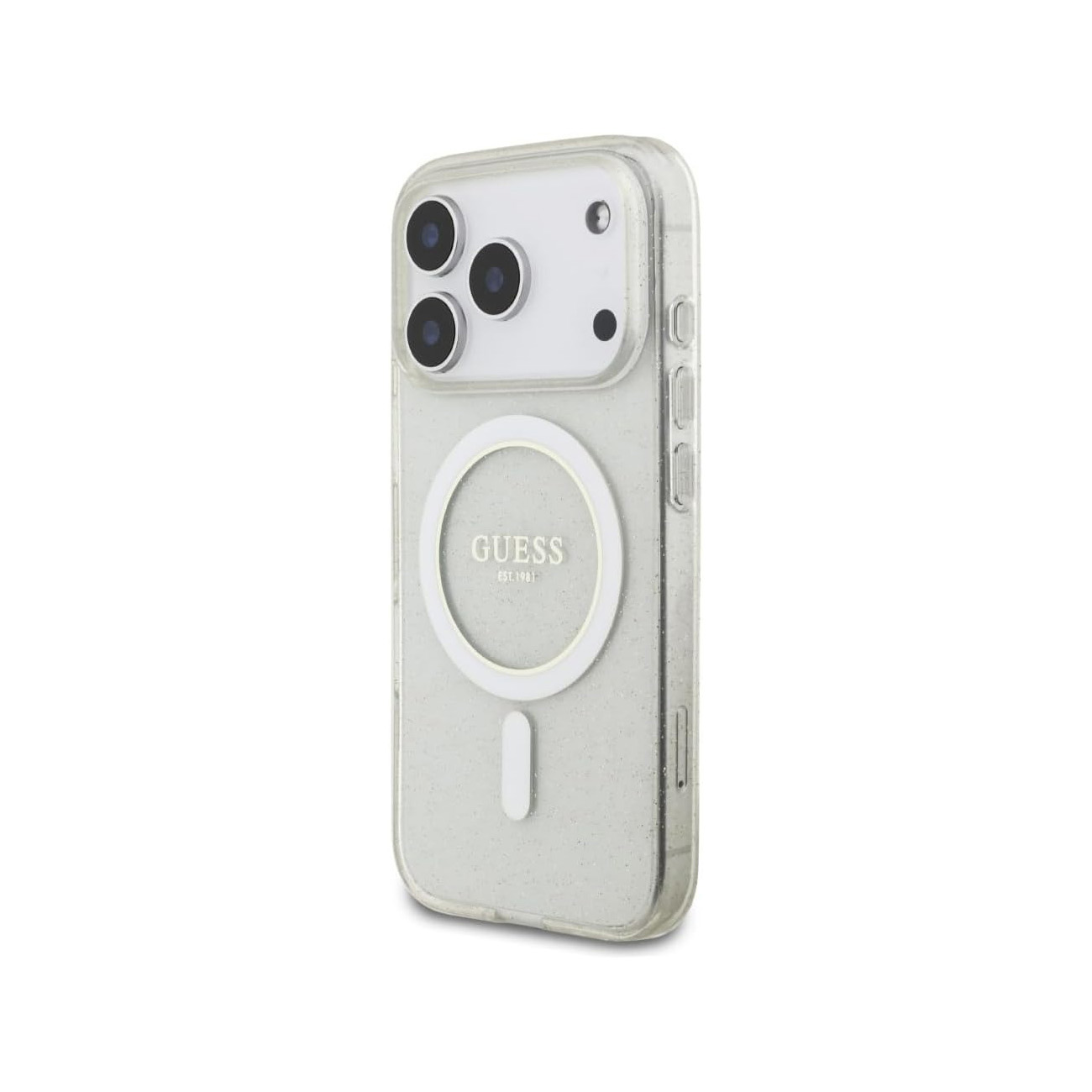 Custodia trasparente glitterata con logo Guess e foro per fotocamera su sfondo bianco.