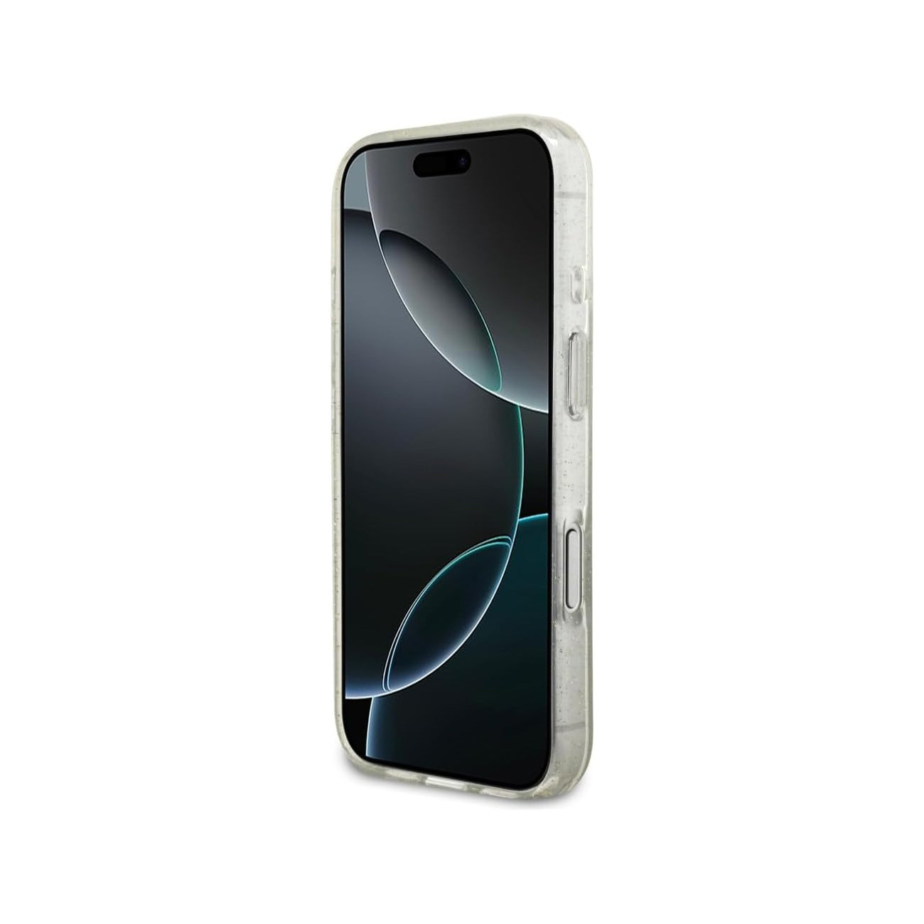 Una custodia trasparente con glitter avvolge uno smartphone.
