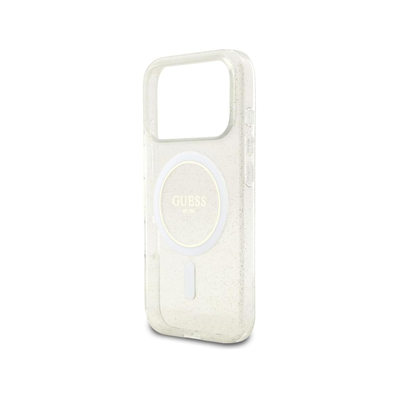 Custodia trasparente per telefono con glitter e logo GUESS.