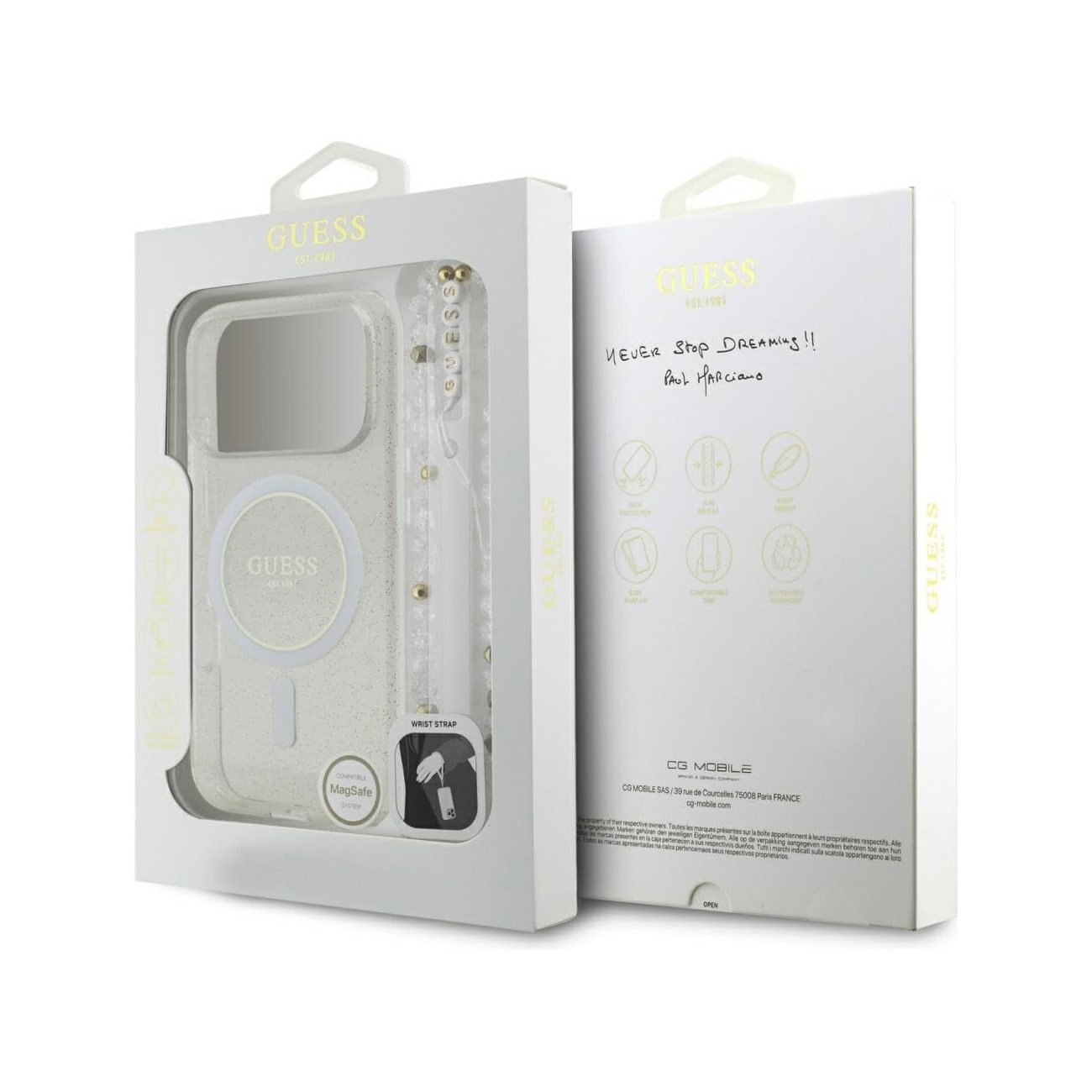 Custodia Guess per iPhone con glitter, MagSafe e laccetto da polso.