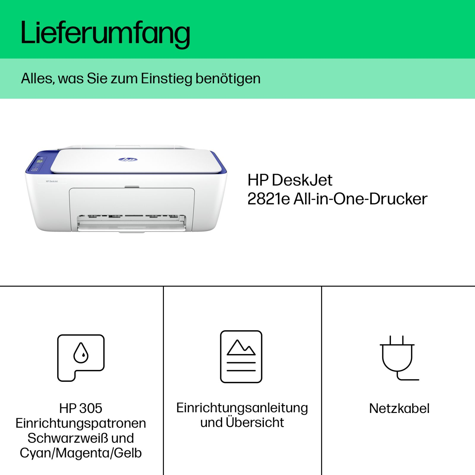 Una impresora HP DeskJet 2821e blanca con detalles azules, cartuchos, manual y cable.