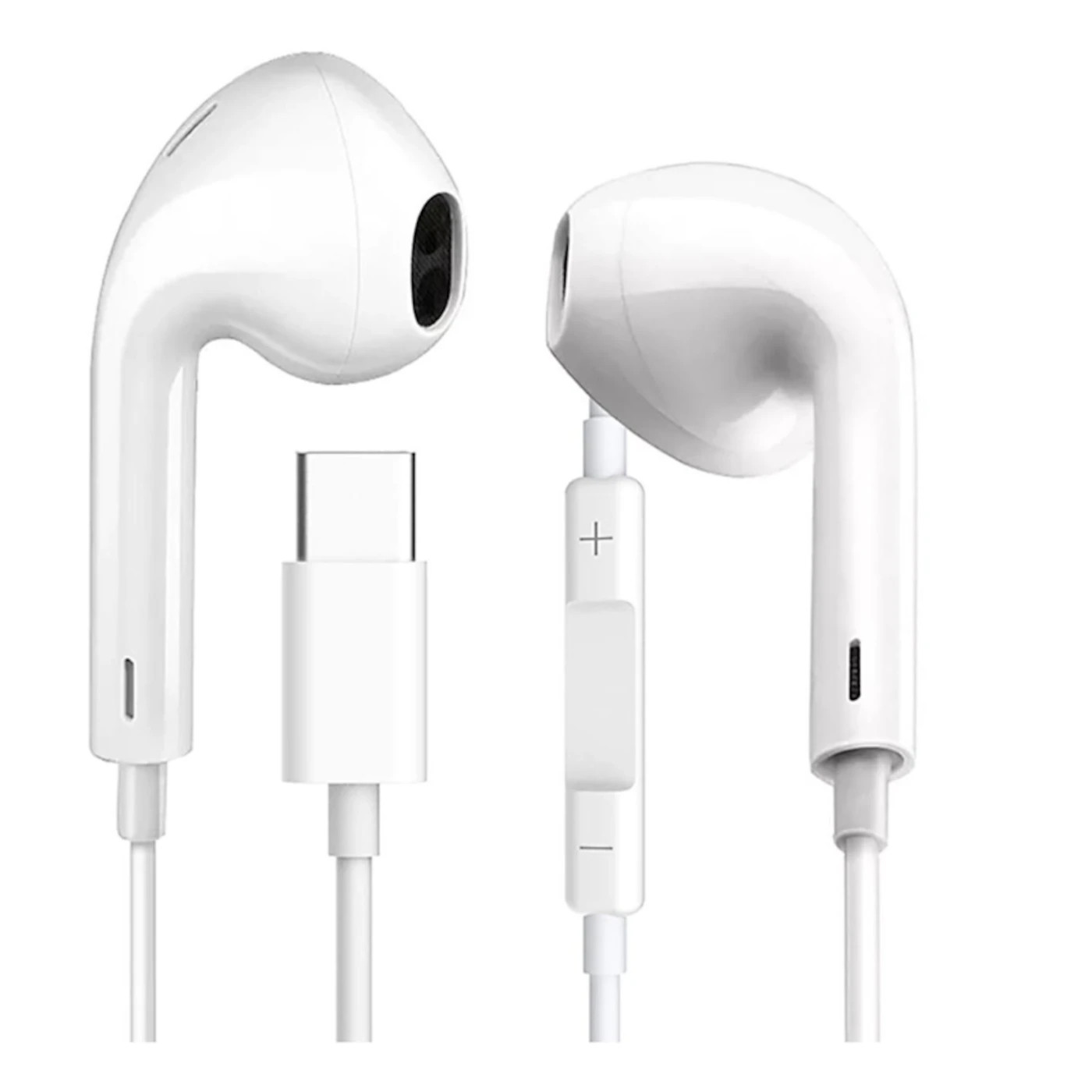 Weiße Kopfhörer mit USB-C-Anschluss und Inline-Fernbedienung.