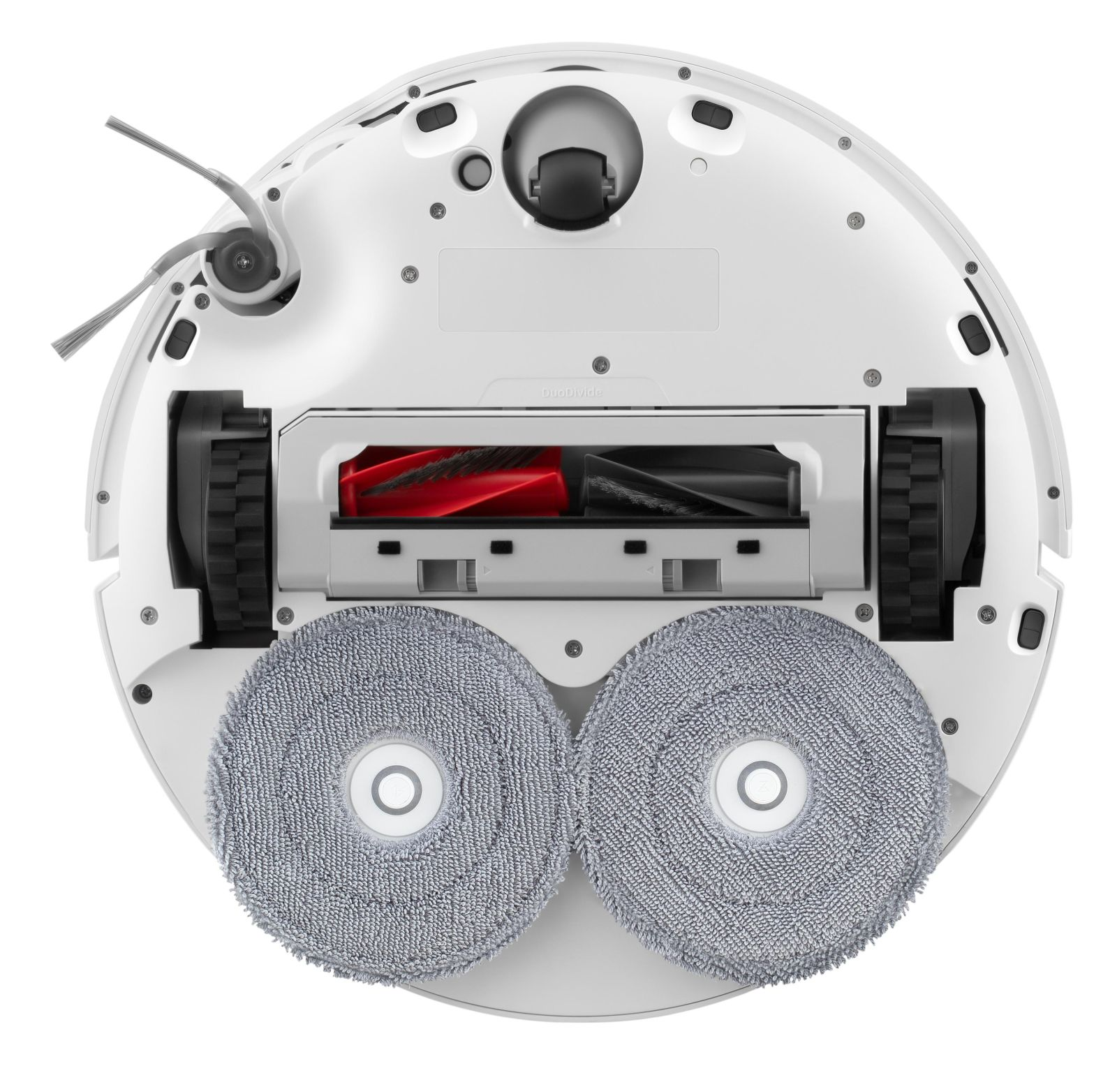 Parte inferiore di un robot aspirapolvere bianco con spazzole, ruote e panni.