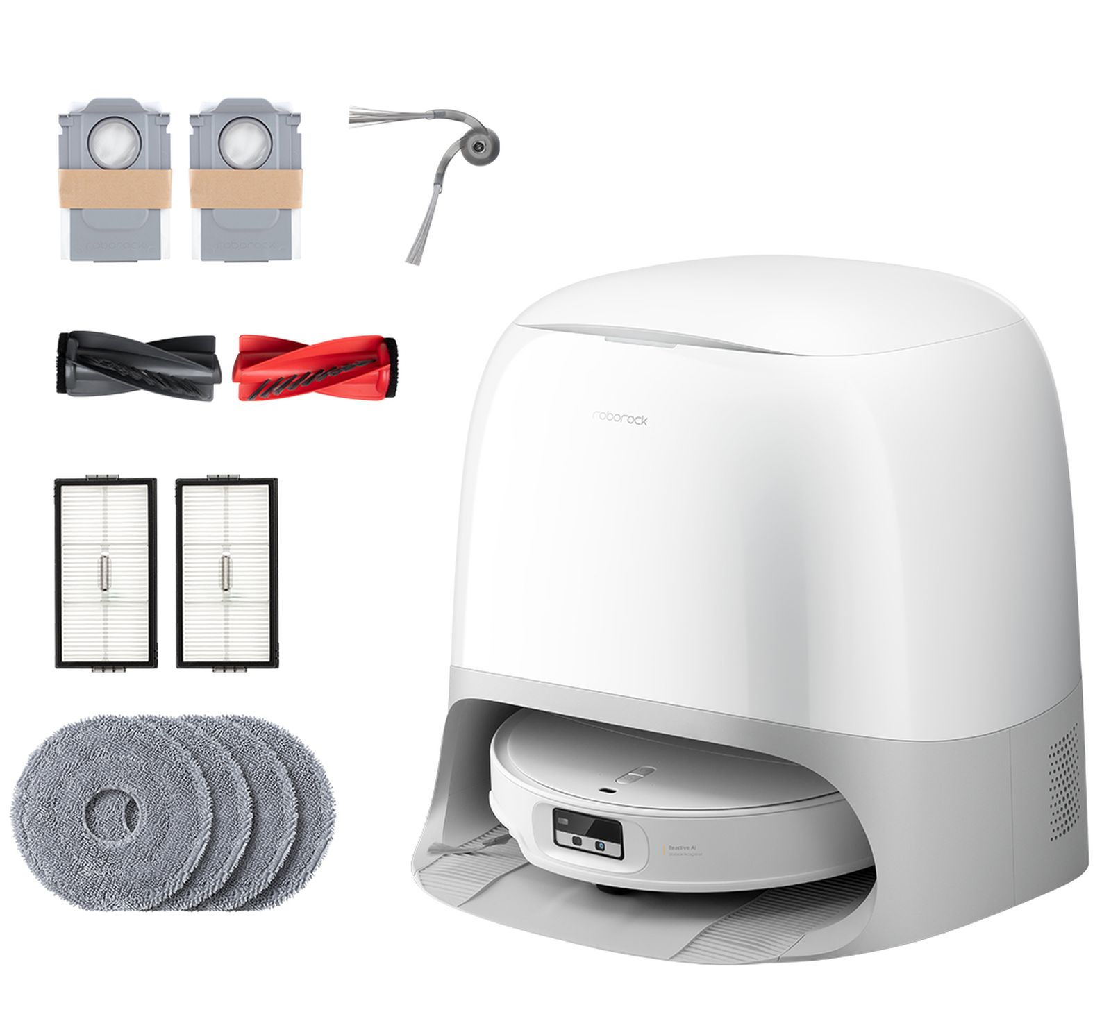 Un robot aspirapolvere bianco con accessori: sacchi polvere, spazzole, filtri e panni.