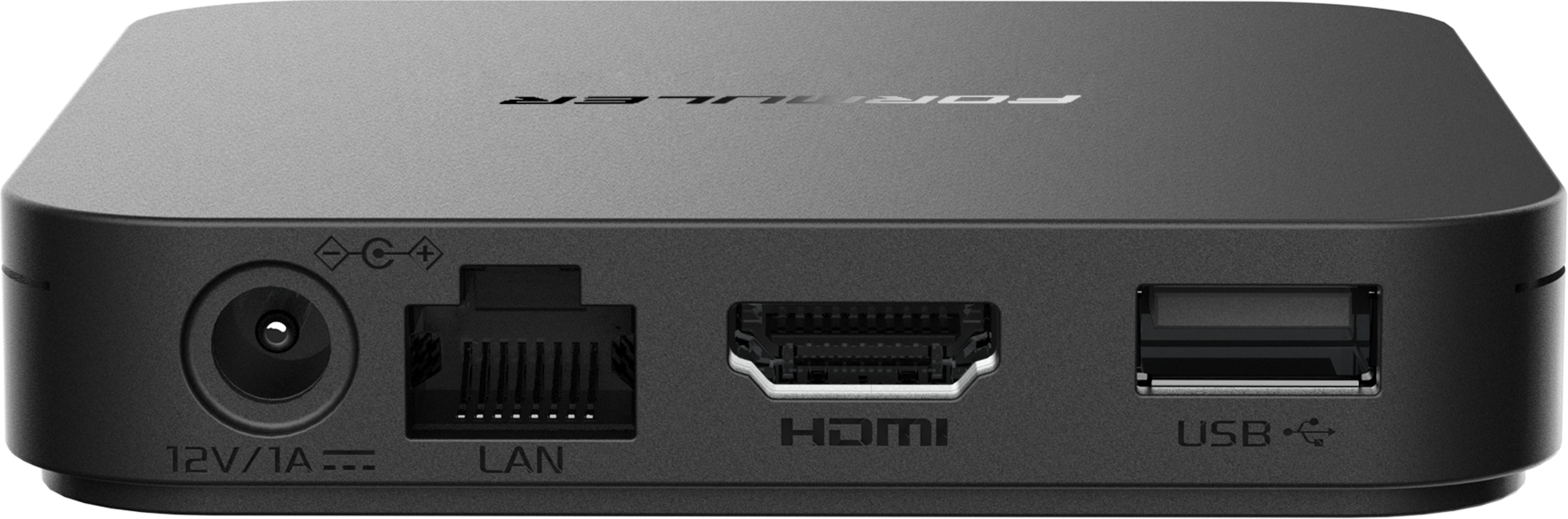 Rückseite einer schwarzen Media Box mit Anschlüssen: 12V/1A, LAN, HDMI, USB.