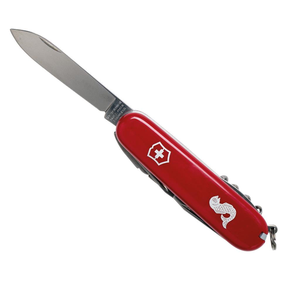 Kırmızı Victorinox İsviçre çakısı, açılmış bıçağı, haç logosu ve balık tasarımı.