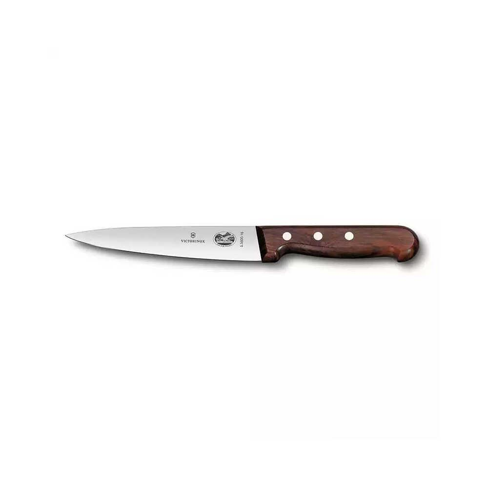 Kahverengi ahşap saplı ve metal bıçaklı bir Victorinox mutfak bıçağı.