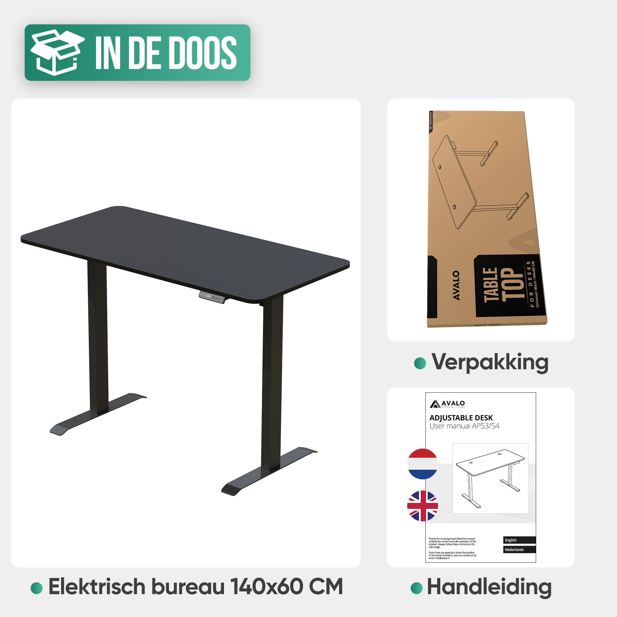 Un bureau noir électrique réglable en hauteur avec panneau de commande. Boîte et manuel.