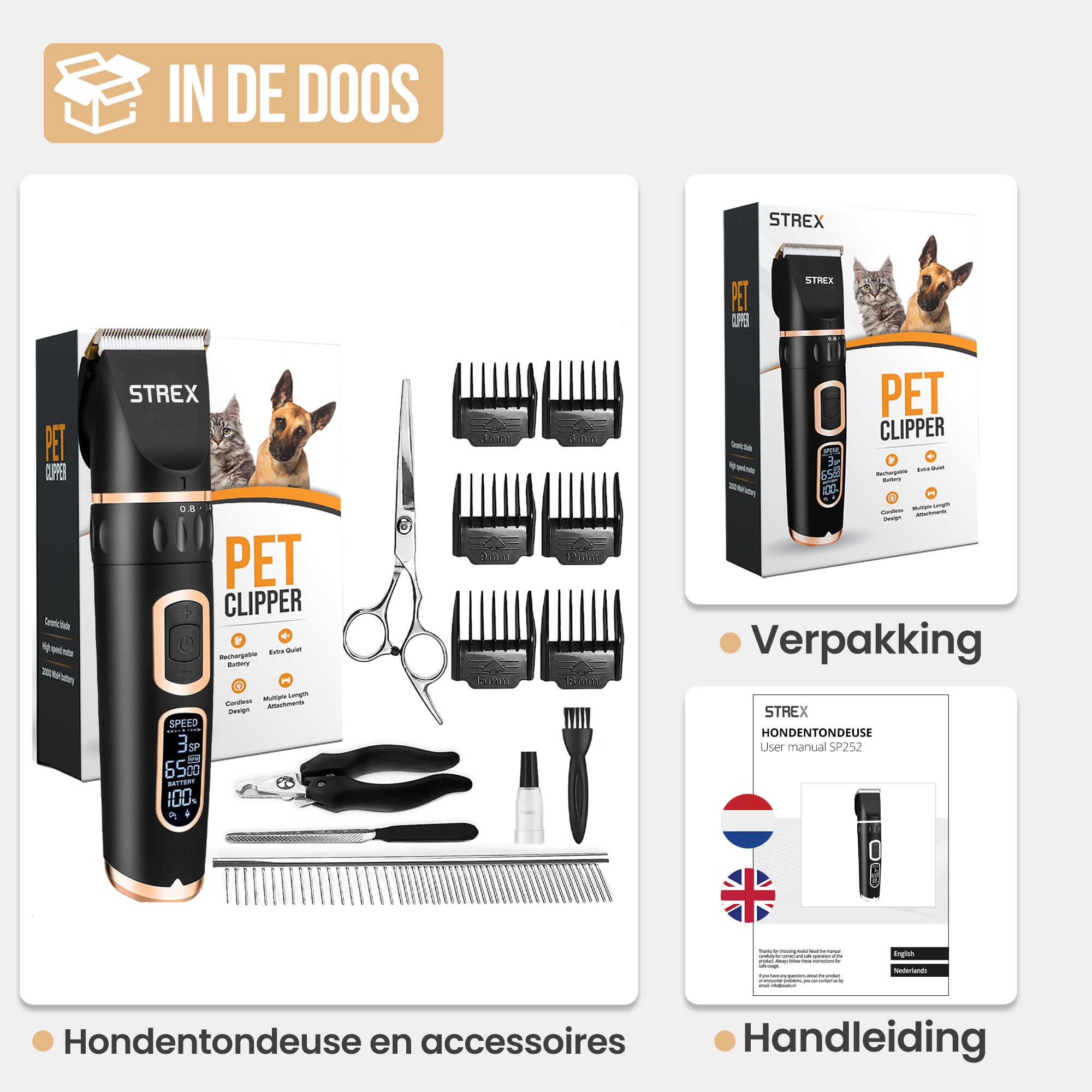 Pet clipper set with accessories, scissors, combs, and manual.
