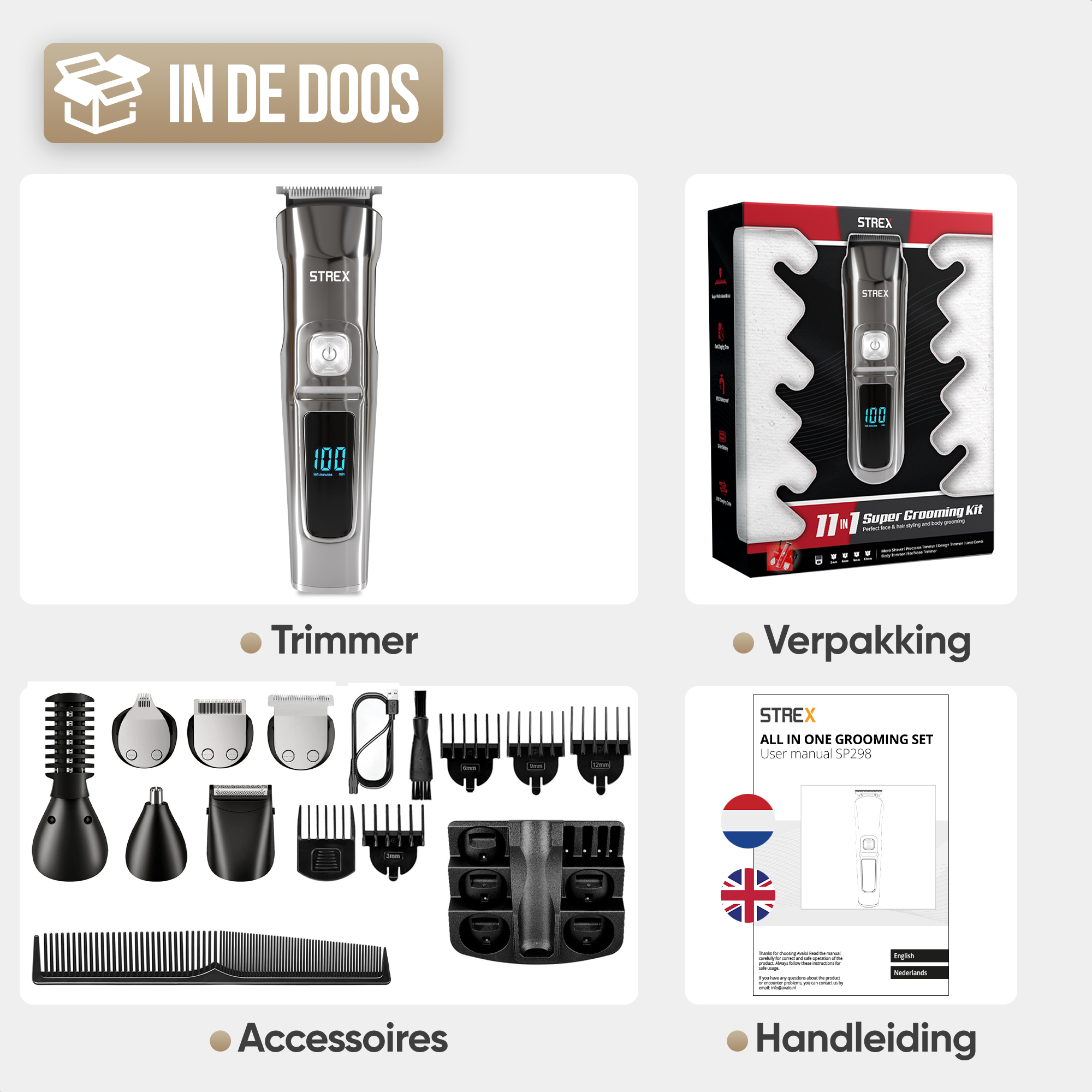 Ein silberner Trimmer mit Zubehör, Verpackung und Anleitung.
