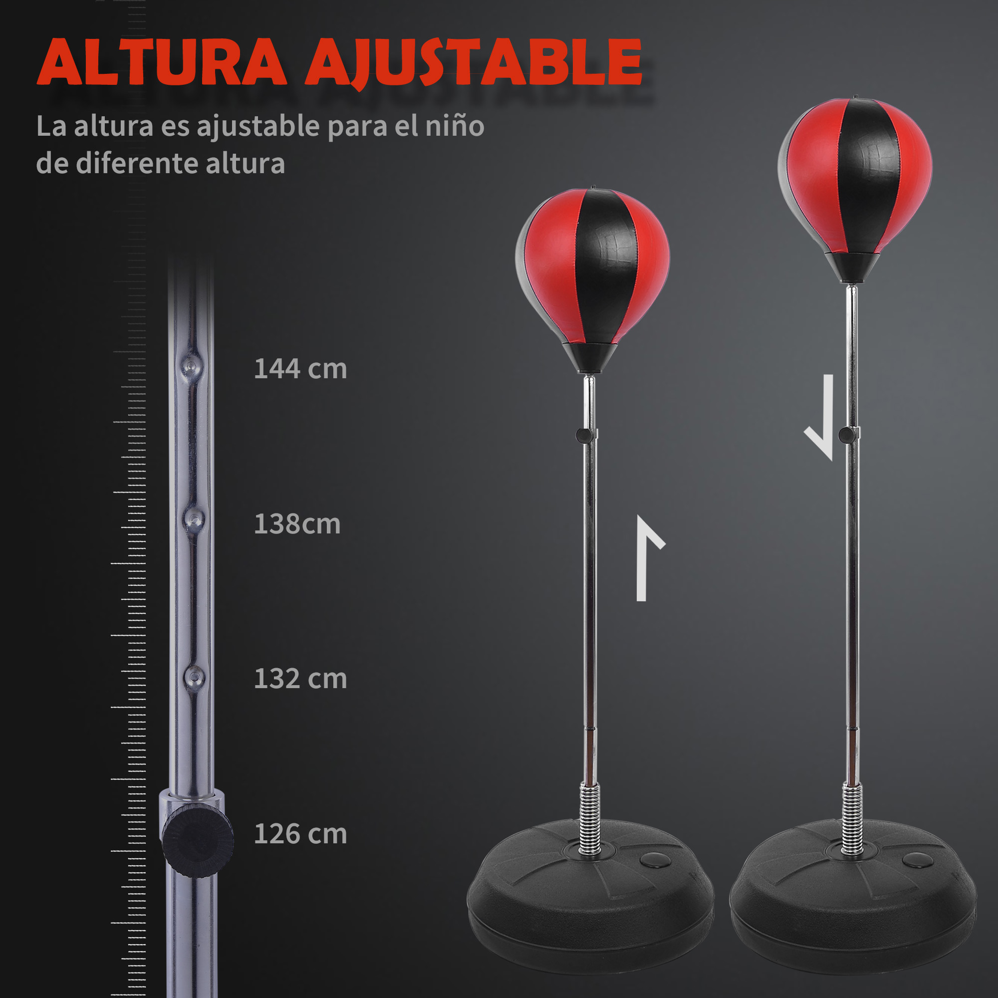 Saco de boxeo ajustable con marcas de altura de 126-144 cm.