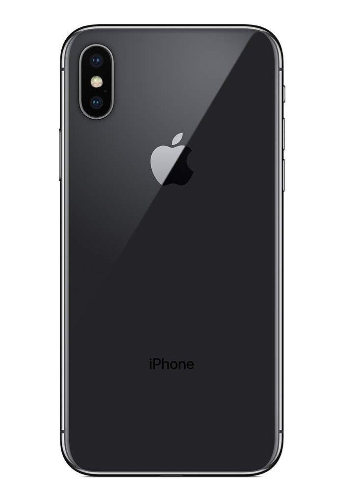 Parte trasera de un iPhone oscuro con logo de Apple y doble cámara.
