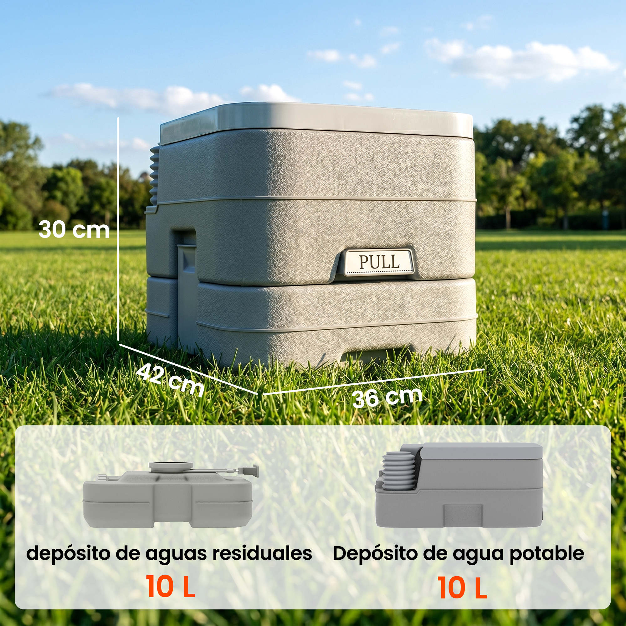 Inodoro portátil de 30x42x36cm. Muestra depósitos de aguas residuales y potable.