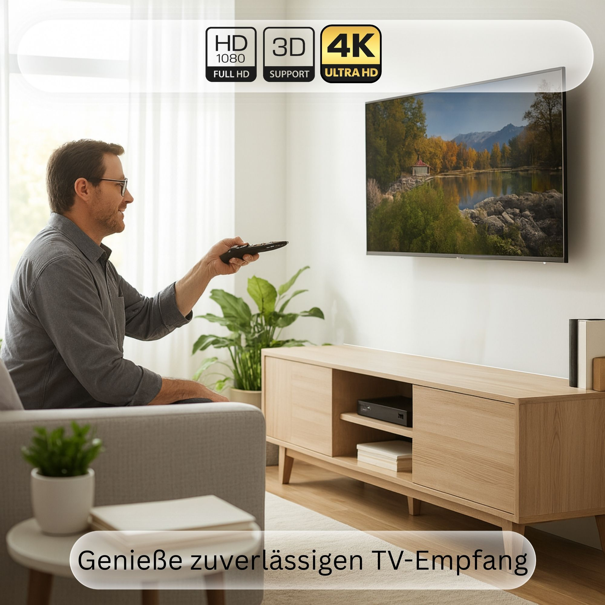 Mann schaut fern. TV zeigt Landschaft. Logos HD, 3D, 4K.