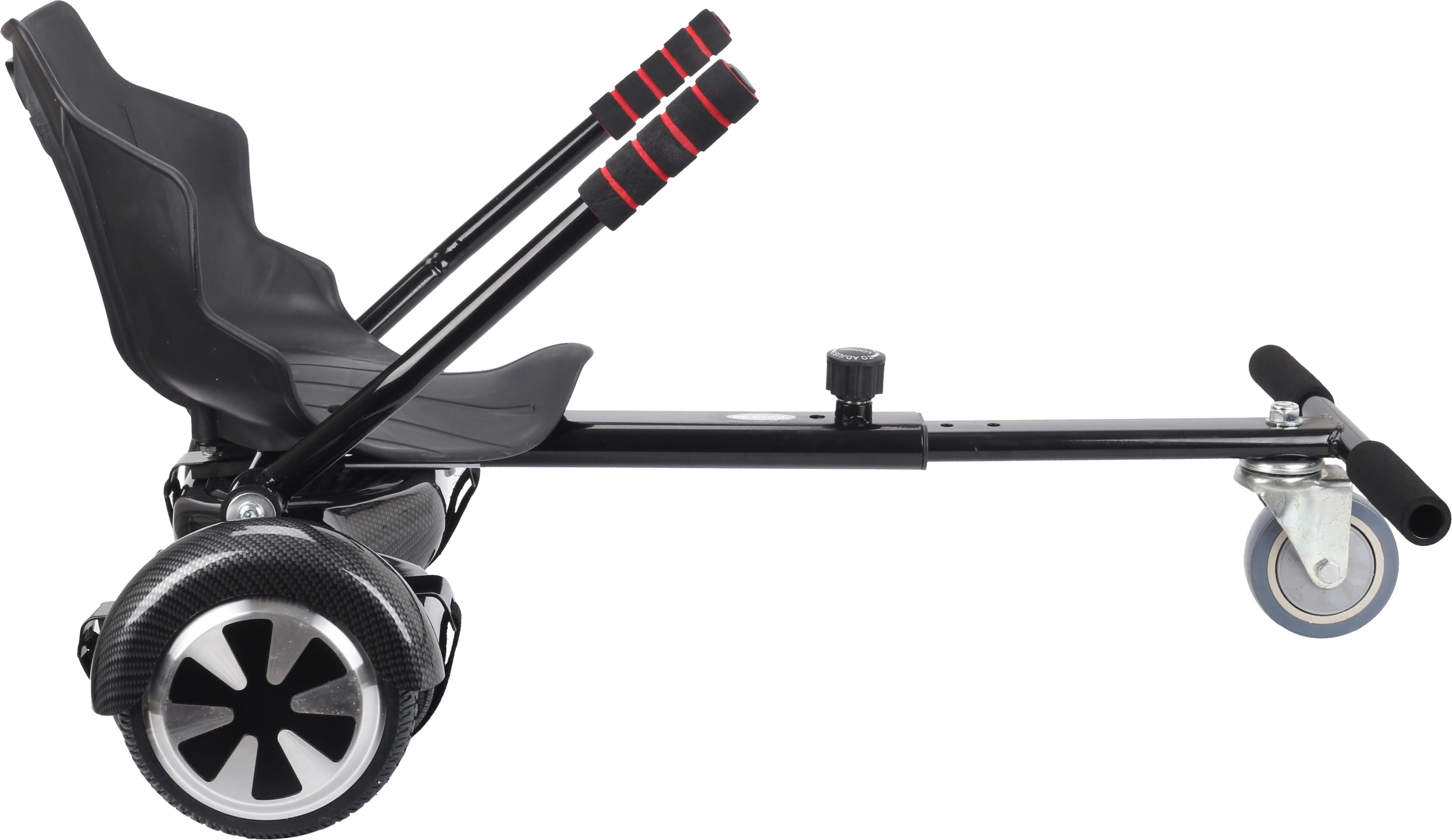 Schwarzer Hoverboard-Sitzaufsatz mit Carbonfaser-Kotflügeln, verstellbaren Griffen und einem Lenkrad.