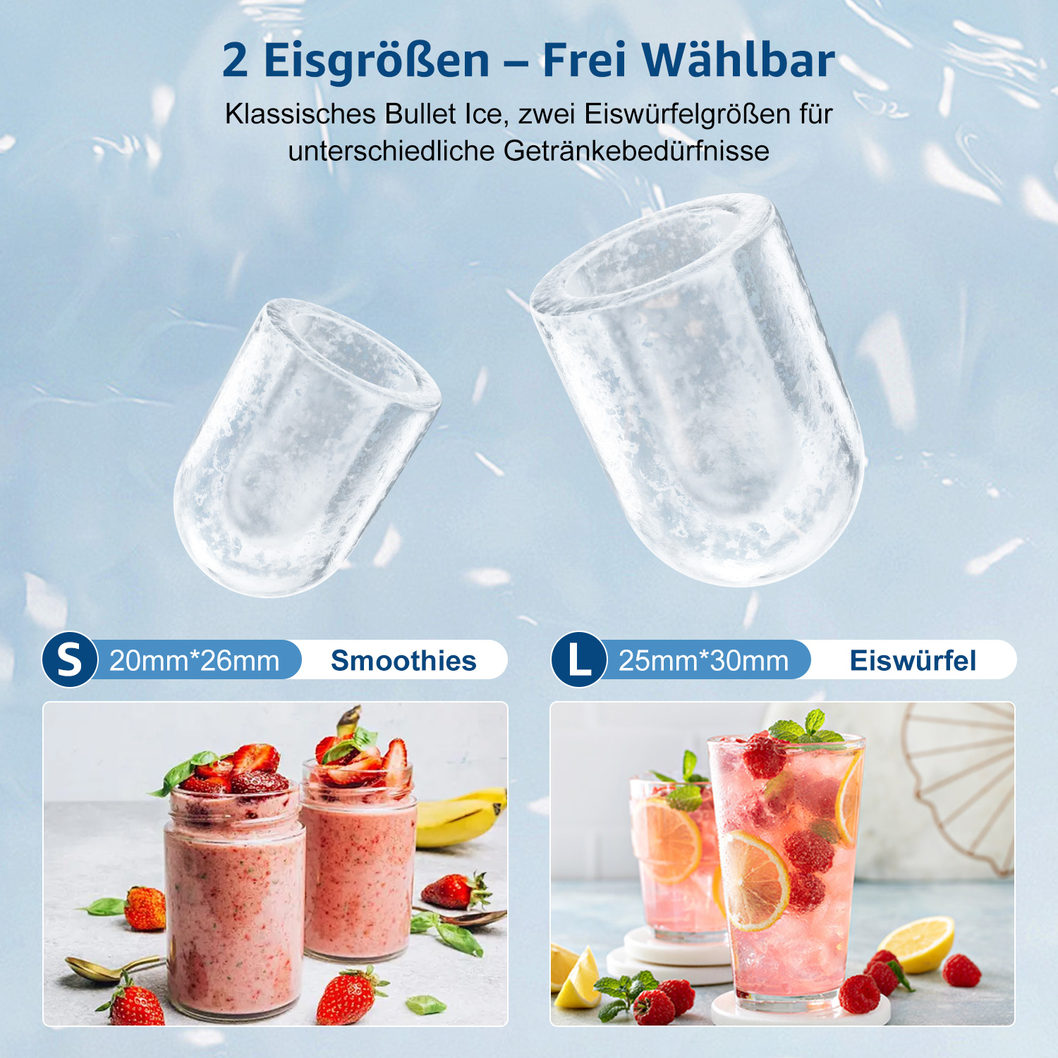 Zwei Größen von Eiswürfeln: Smoothies und Getränke. Kleine und große Eiswürfel.