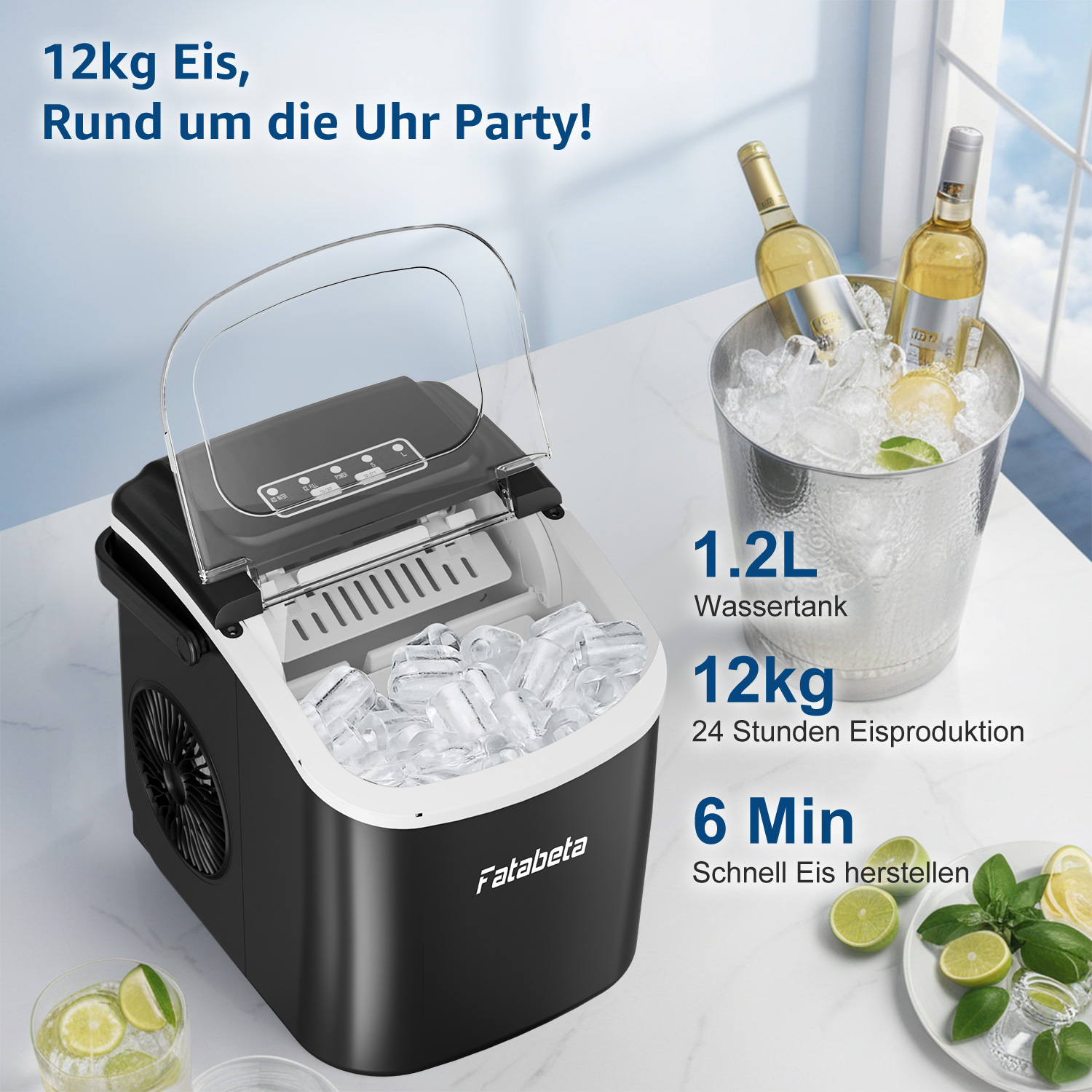 Eismaschine mit 1.2L Tank, produziert 12kg Eis/24h in 6 Min. Zwei Weinflaschen in Eis.