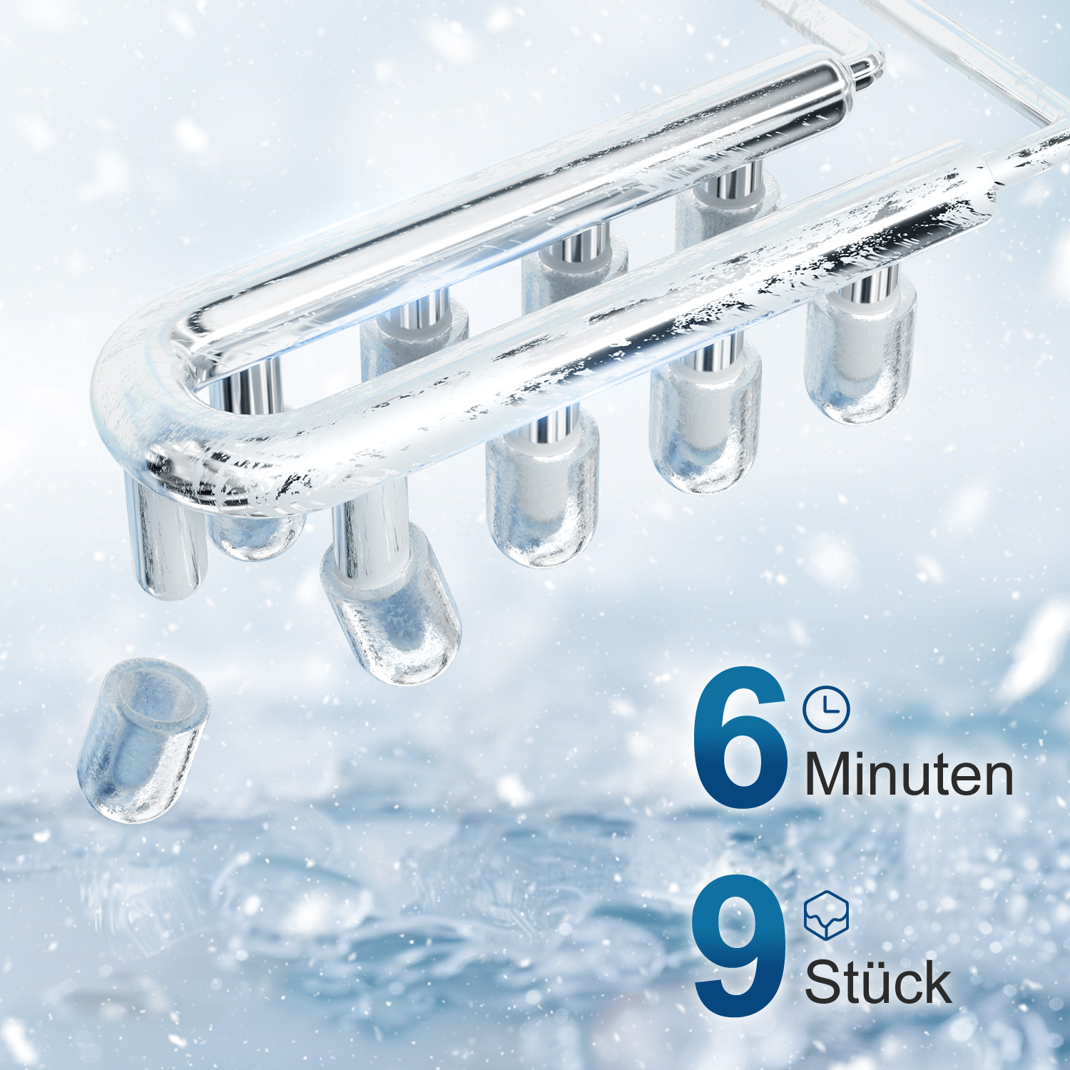 Eiswürfelform mit 6 Fächern und 9 Stück Eis. 6 Minuten bis zur Fertigstellung.