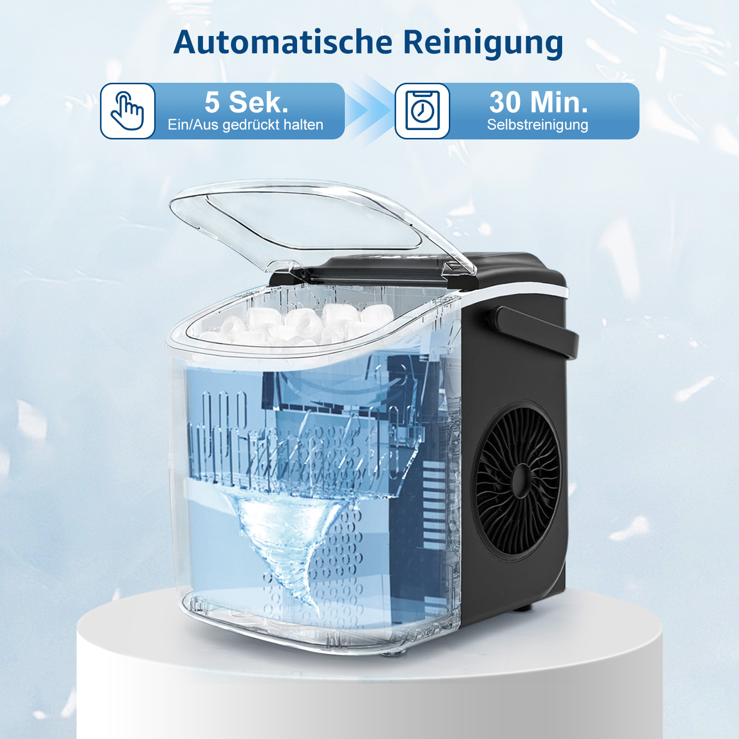 Automatische Reinigung: 5 Sek. halten für 30 Min. Selbstreinigung