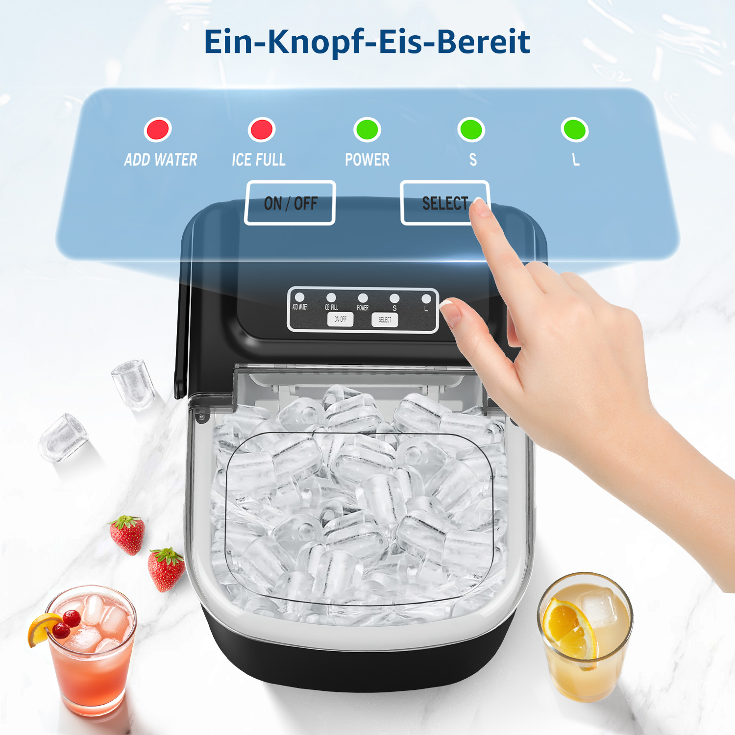 Eine Hand drückt auf die 'SELECT'-Taste einer Eiswürfelmaschine.