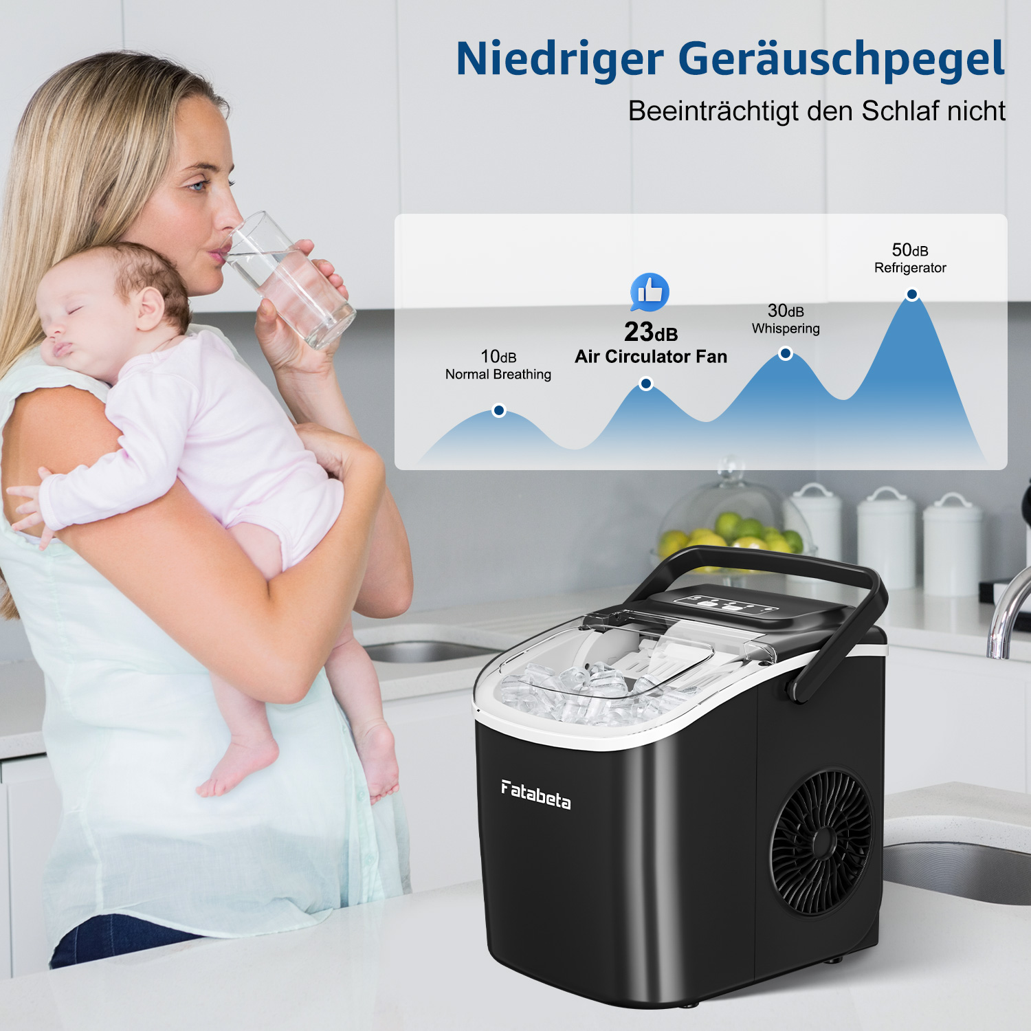 Frau mit Baby, trinkt Wasser. Eiswürfelmaschine und Lärmpegel-Diagramm.