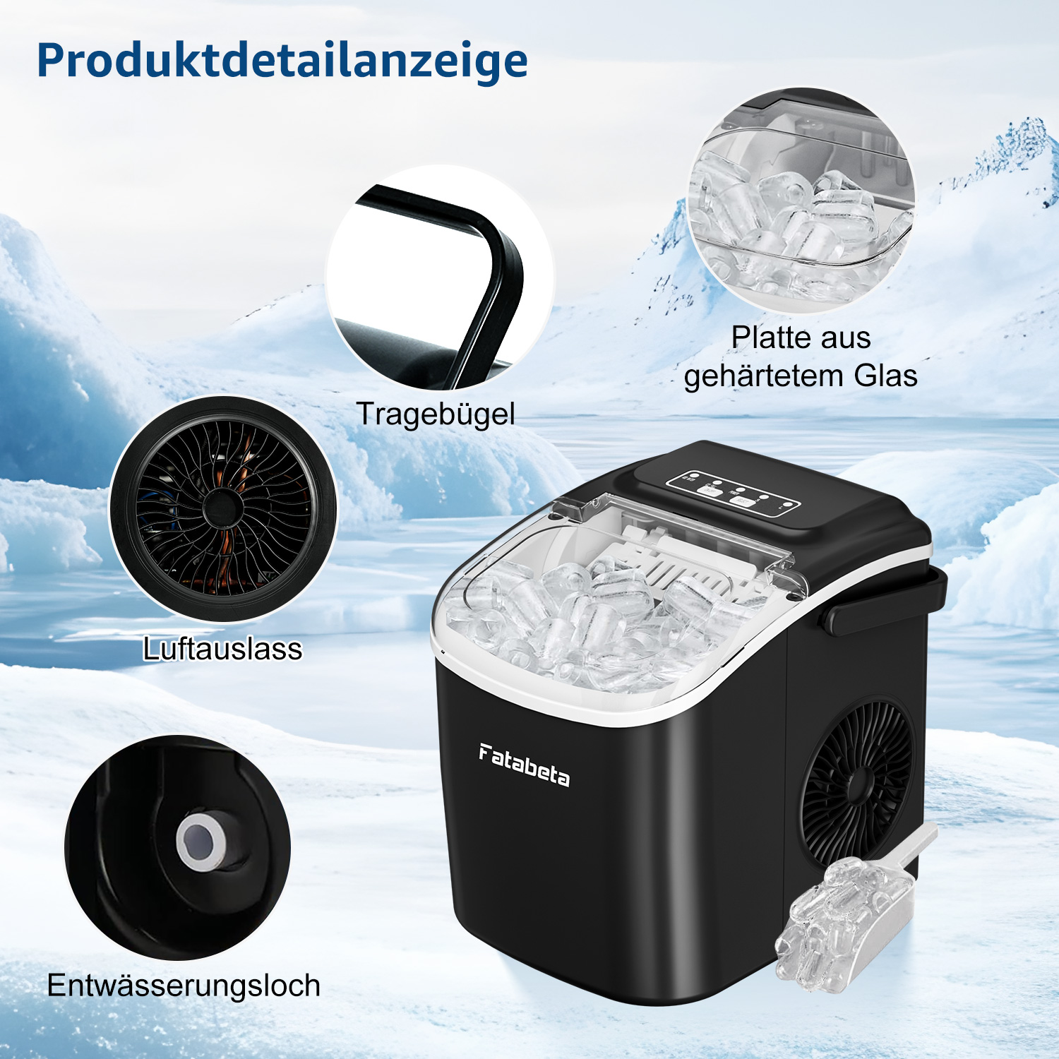 Schwarzer Eisbereiter mit Klarsichtdeckel, voller Eiswürfel. Merkmale: Lüftung, Griff, Abfluss.