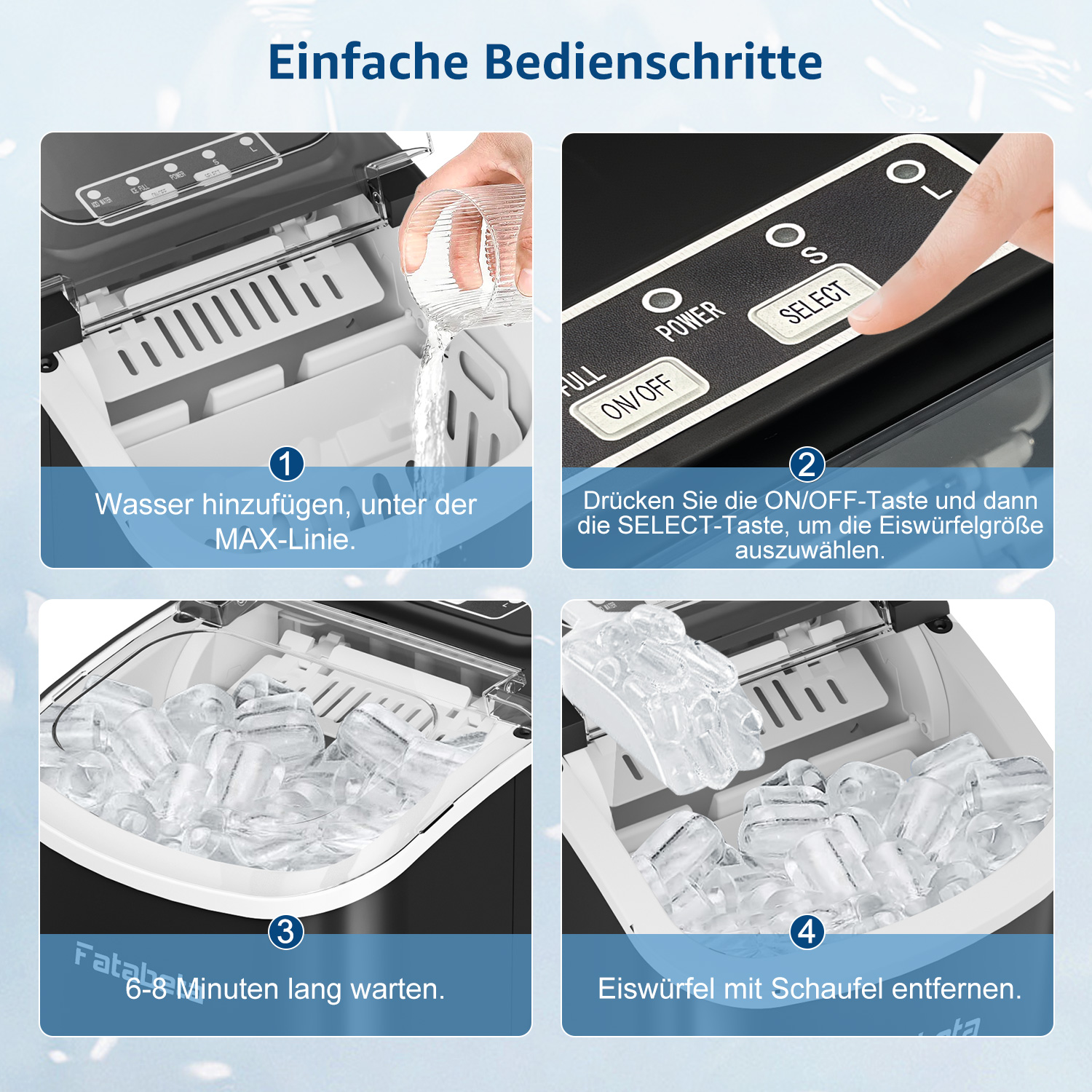 Schritte zur Eiswürfelherstellung: Wasser einfüllen, Knopf drücken, warten, Eis entnehmen.