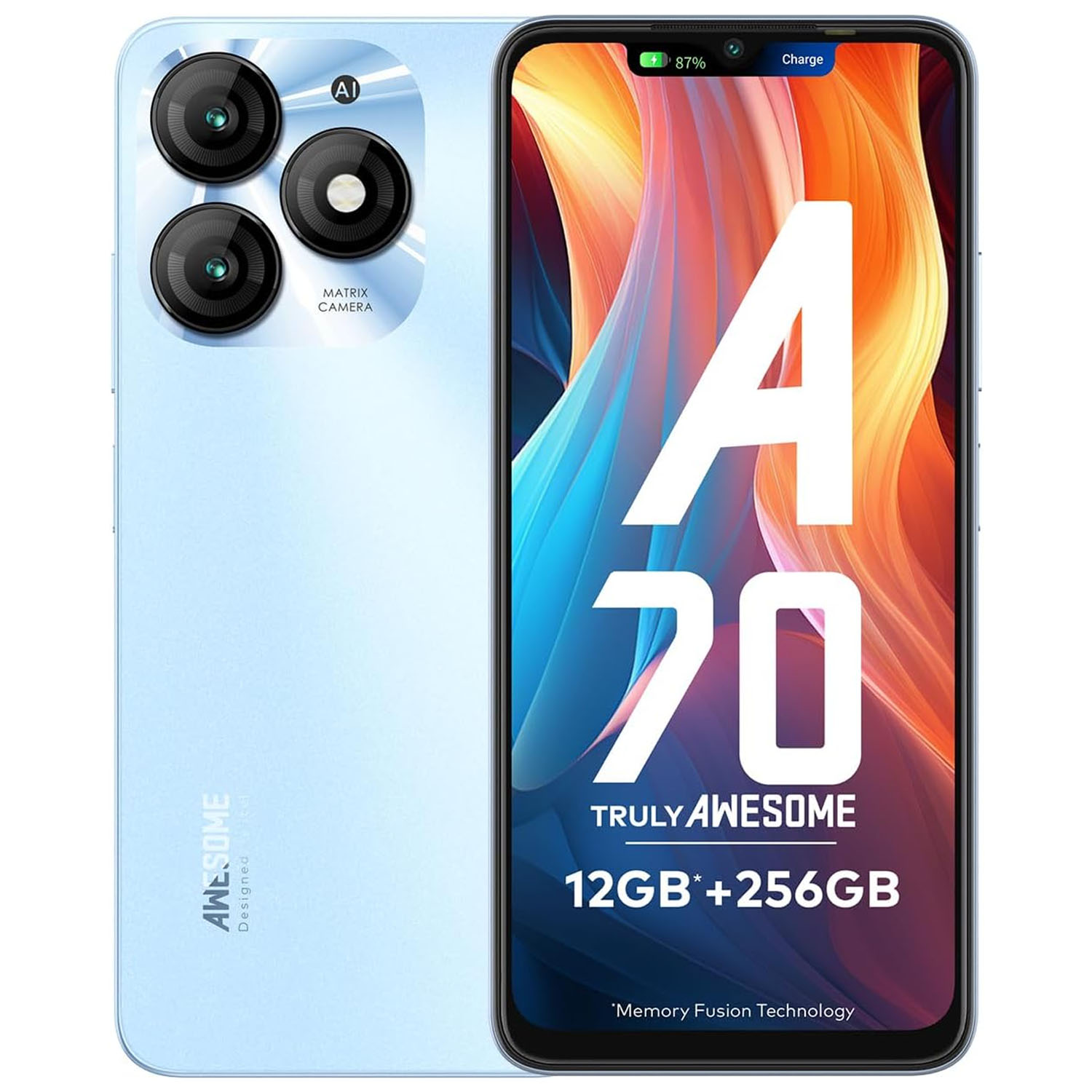 Ein blaues Smartphone mit drei Kameras auf der Rückseite und einem großen Bildschirm.