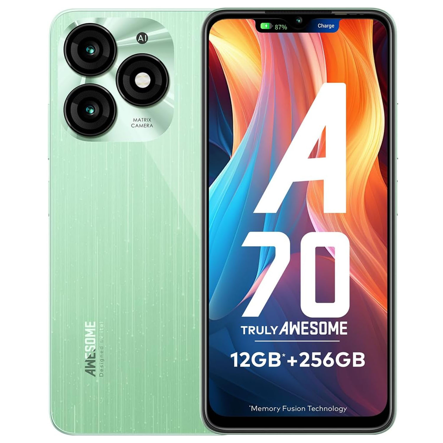 Ein mintgrünes Smartphone mit drei Kameras auf der Rückseite und einem großen Display.