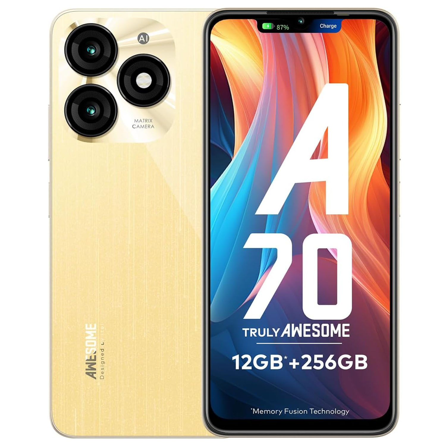 Goldenes Smartphone mit Matrix-Kamera und Vollbildanzeige, Modell A70.