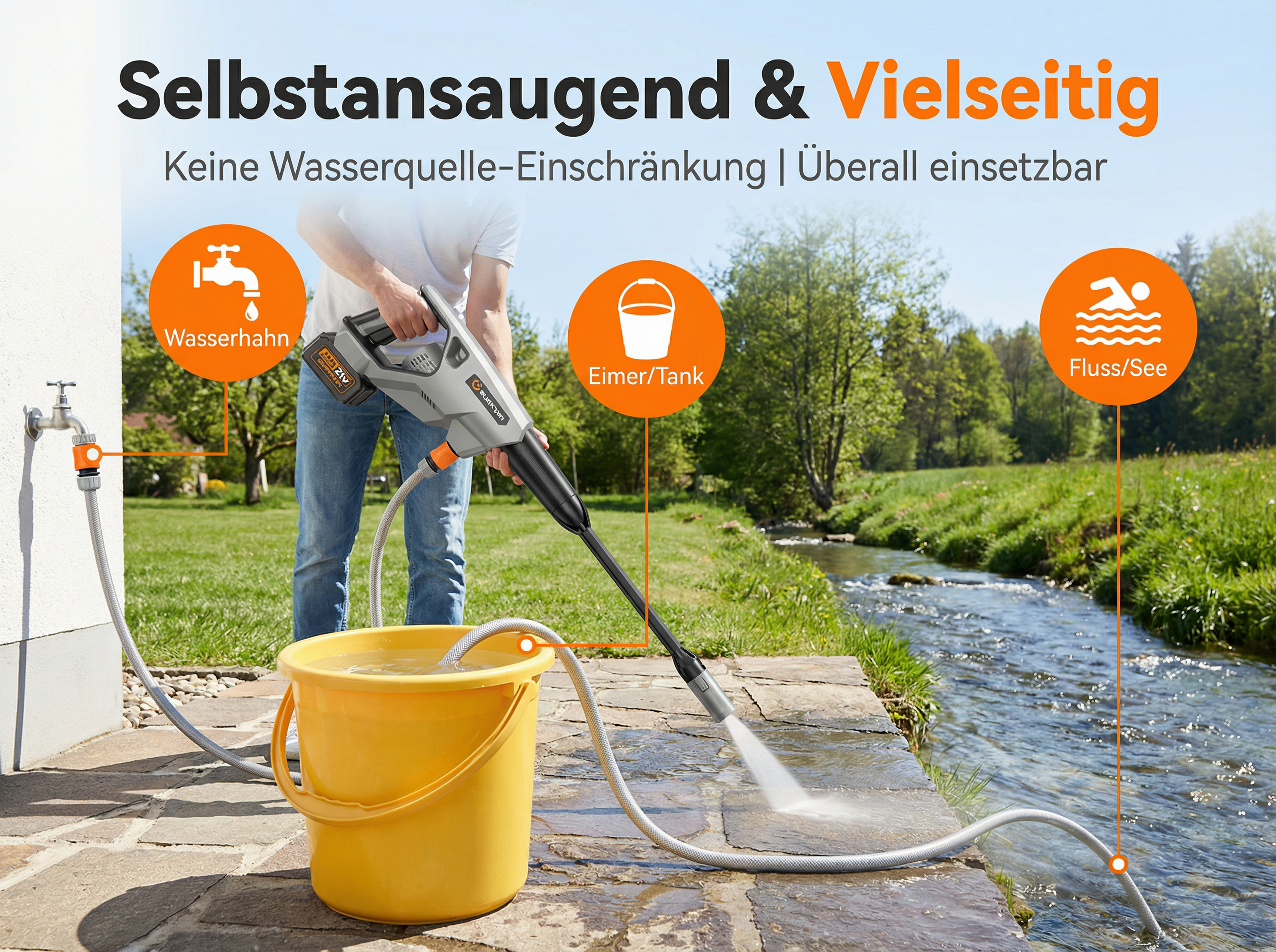 Ein Mann benutzt einen Hochdruckreiniger, der Wasser aus einem Eimer zieht.